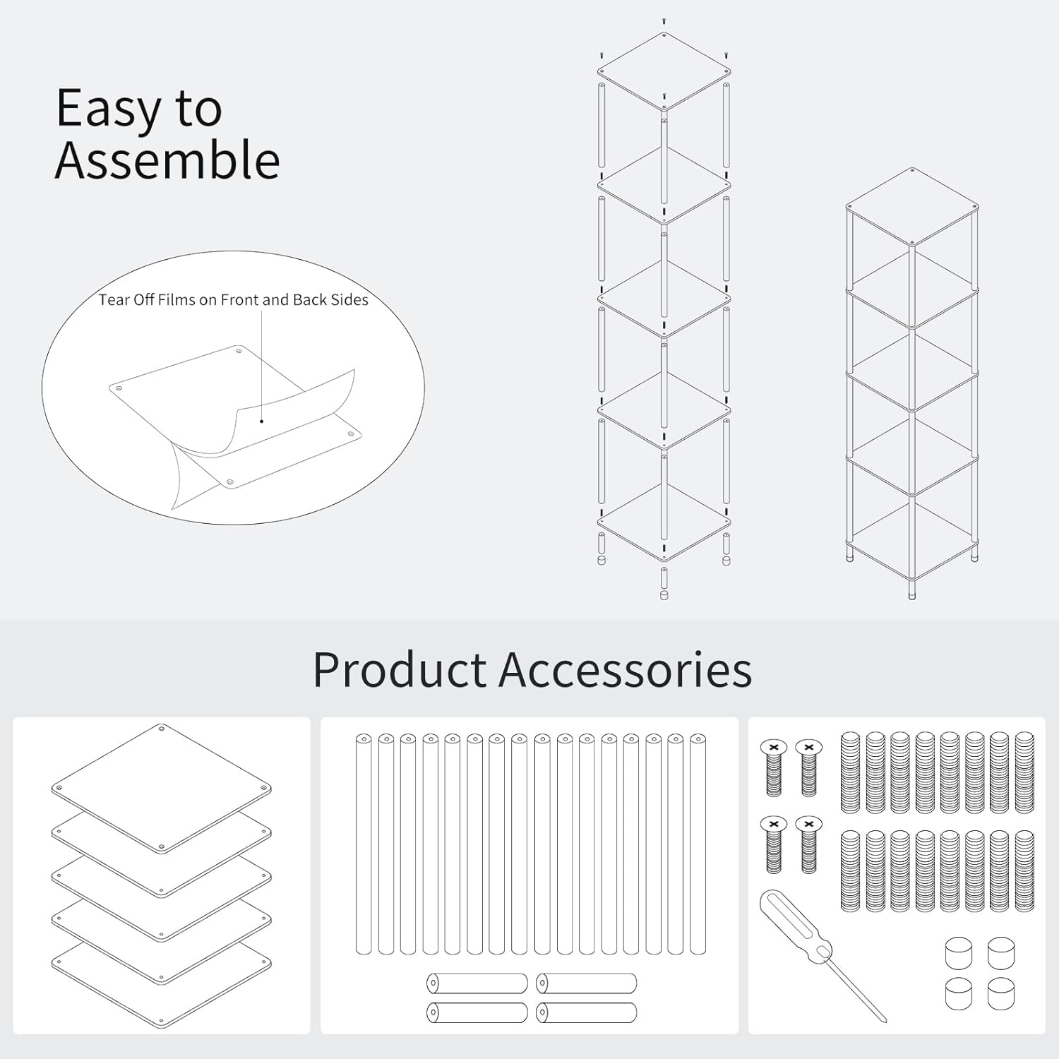 Clear Acrylic Side Table, 11.81" L x 11.81" W x 50.7" H, 5-Tier Square Corner Shelf End Table for Living Room, Small Modern Bedside Tables Nightstand for Bedroom, Home Decor Accent Table