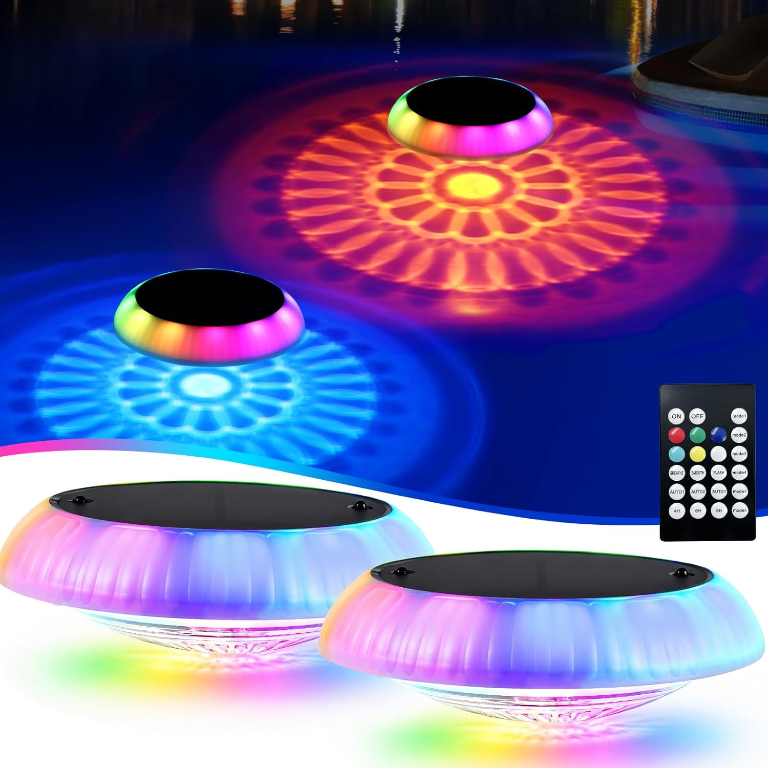 2-Pack Solar Floating Pool Lights, Upper & Lower Dynamic RGB Color-Changing, Waterproof Floating Pool Lights Solar Powered for Pools, Tubs, Outdoor Parties & Garden Decor