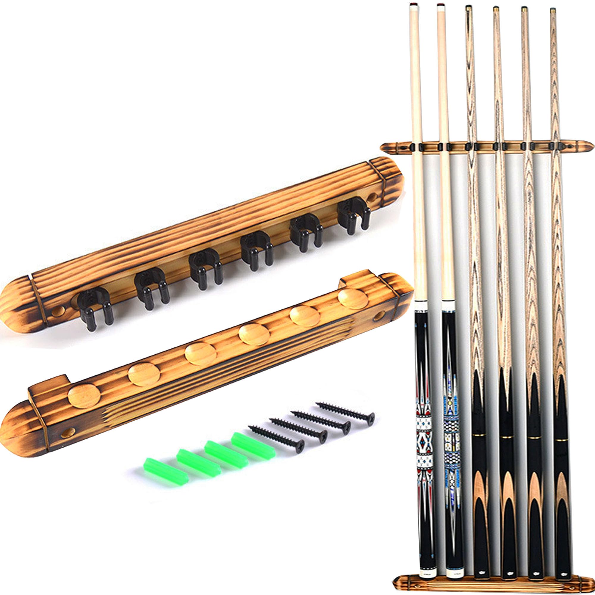 6 Pool Queue Halter Wand montiert Pool Queue Rack Holz Farbe Pool Queue Stand, Wand montiert Billard Stick Halter, Clip Zubehör für Snooker Spiele Billard Clubs Bars Billard Spieler