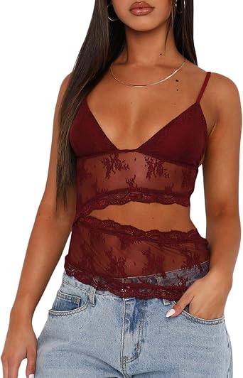 Women Y2K Lace Cami Tank Top Sheer Mesh Spaghetti Strap Sleeveless Crop Tops Camisole Sexy Summer Going Out Tops