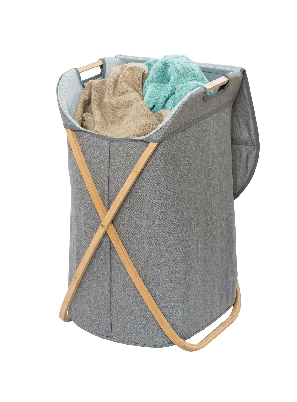 WENKO Wäschesammler Nori, Gestell aus Bambus, Wäschesack 100% Polyester, zusammenfaltbar, Fassungsvermögen: 79 Liter, 40 x 68 x 46 cm, Braun/Grau