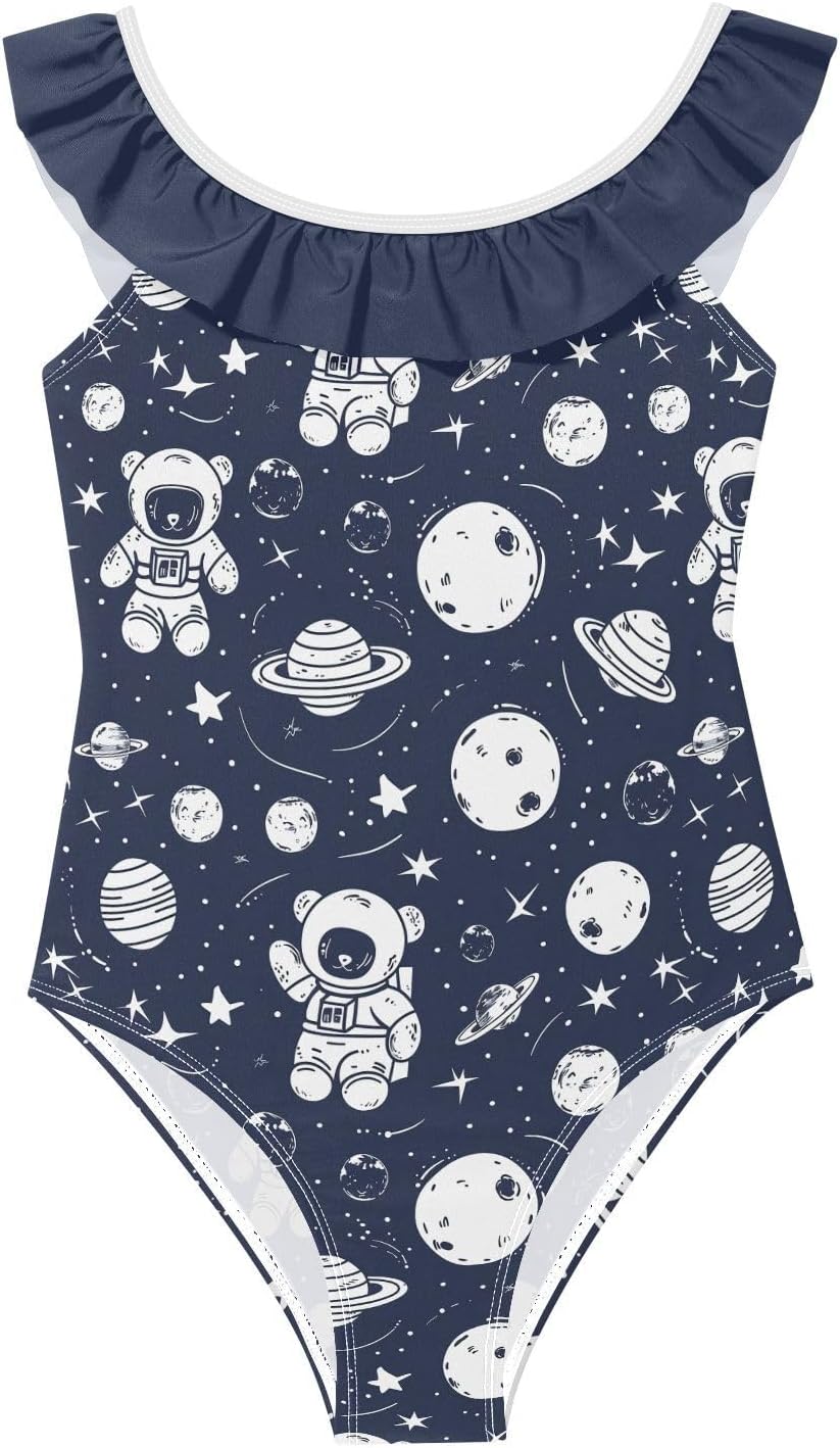 visesunny Girls One Piece Swimsuits Ruffle Swimwear Planet Bear Star Bathing Suits for Girls 3-6Y