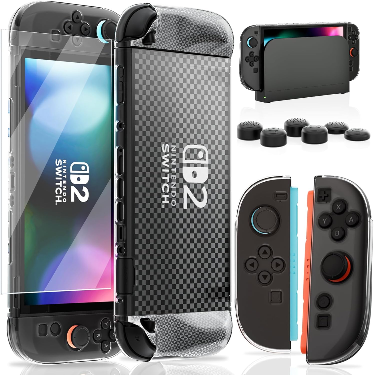 HEYSTOP Switch 2 Case for Nintendo Switch 2, Protective Case Compatible with Nintendo Switch 2, Switch 2 Accessories Kit with Grip Controller,Tempered Glass Screen Protector, Thumb Stick Caps
