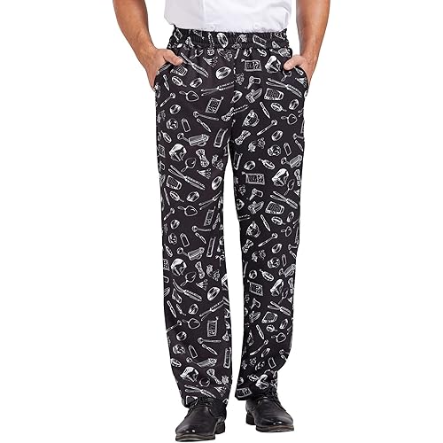 Nanxson Men's Baggy Chef Pants, Printed Work Pants with Elastic Waist Restaurant Kitchen Uniforms