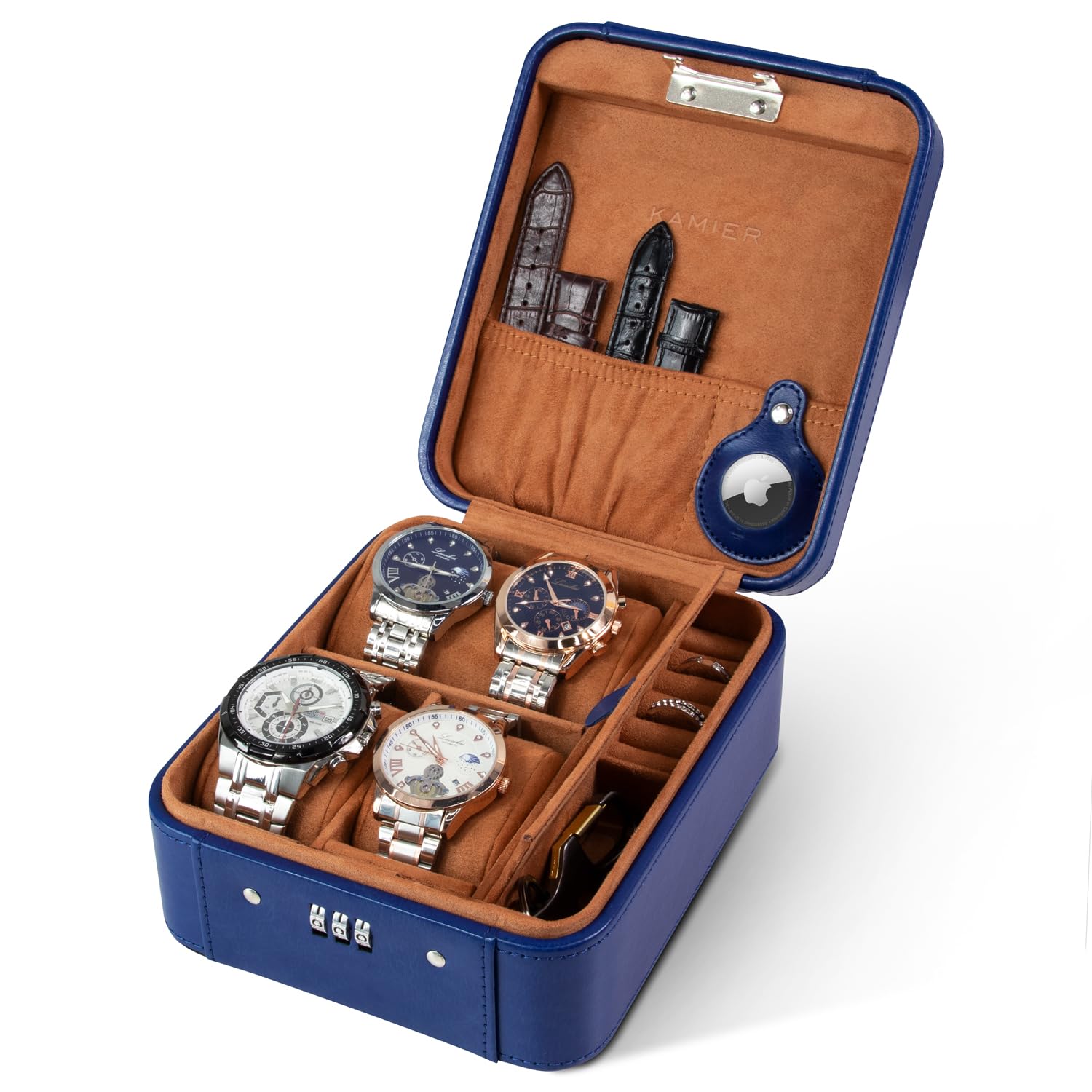 KAMIER Watch Travel Case for Men and Women- 4 Watch Storage and Organizer- Mechanical Combination Lock and Holds for Air Tags-for Home Storage,Travel and Display,Blue