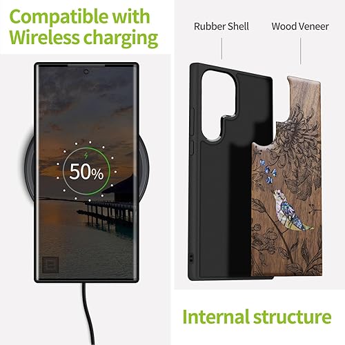 Miniatura 4 de Carveit Funda de madera de diseñador para Samsung Galaxy S22 Ultra (grabado de madera e incrustaciones de carcasa) compatible con cargadores