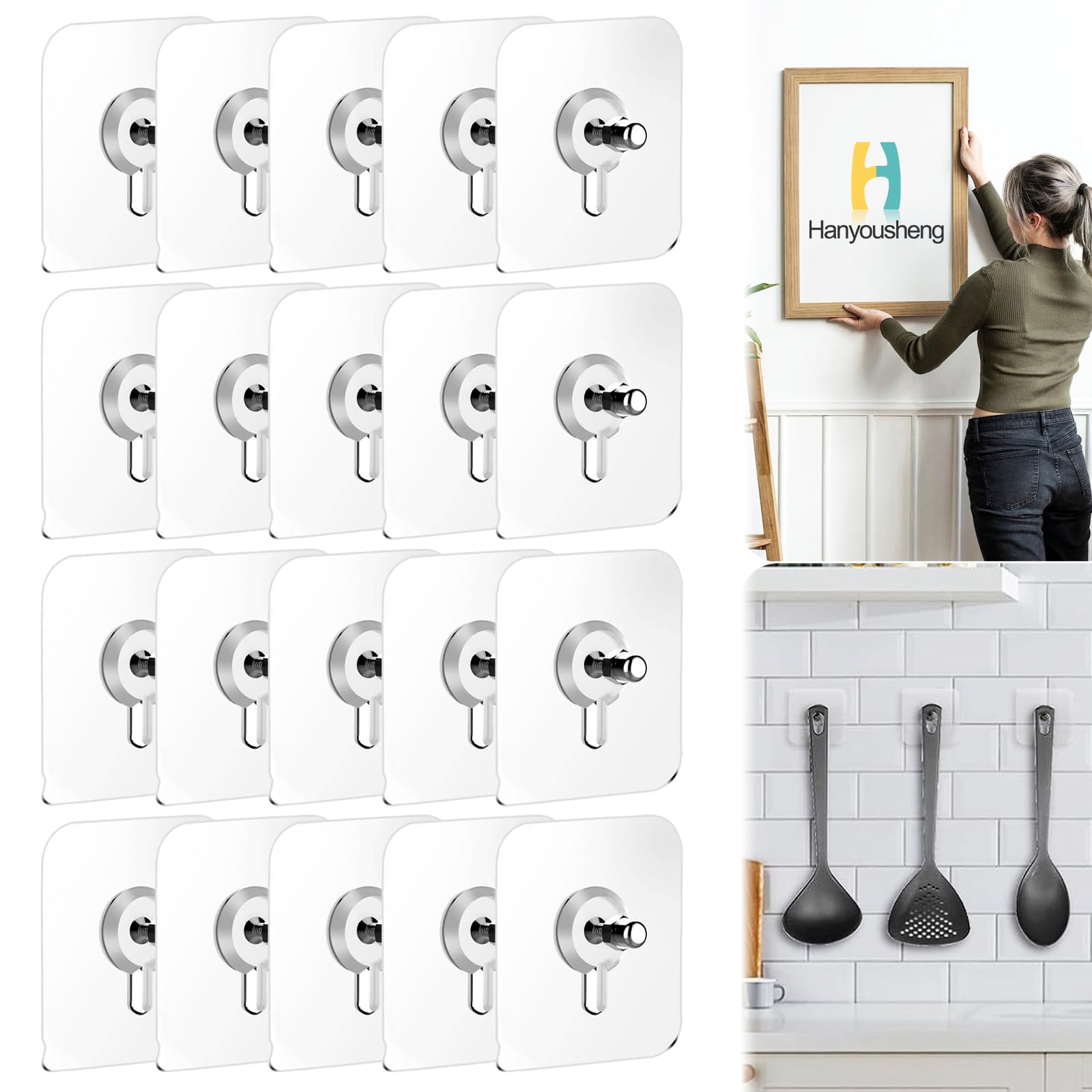 Hanyousheng 20 Pcs Self Adhesive Picture Hooks, Heavy Duty Adhesive Wall Hooks, Transparent Sticky Hooks No Nails for Hanging Pictures, Frames & Decorations, Kitchen Bathroom Living Room Use, Max 5kg