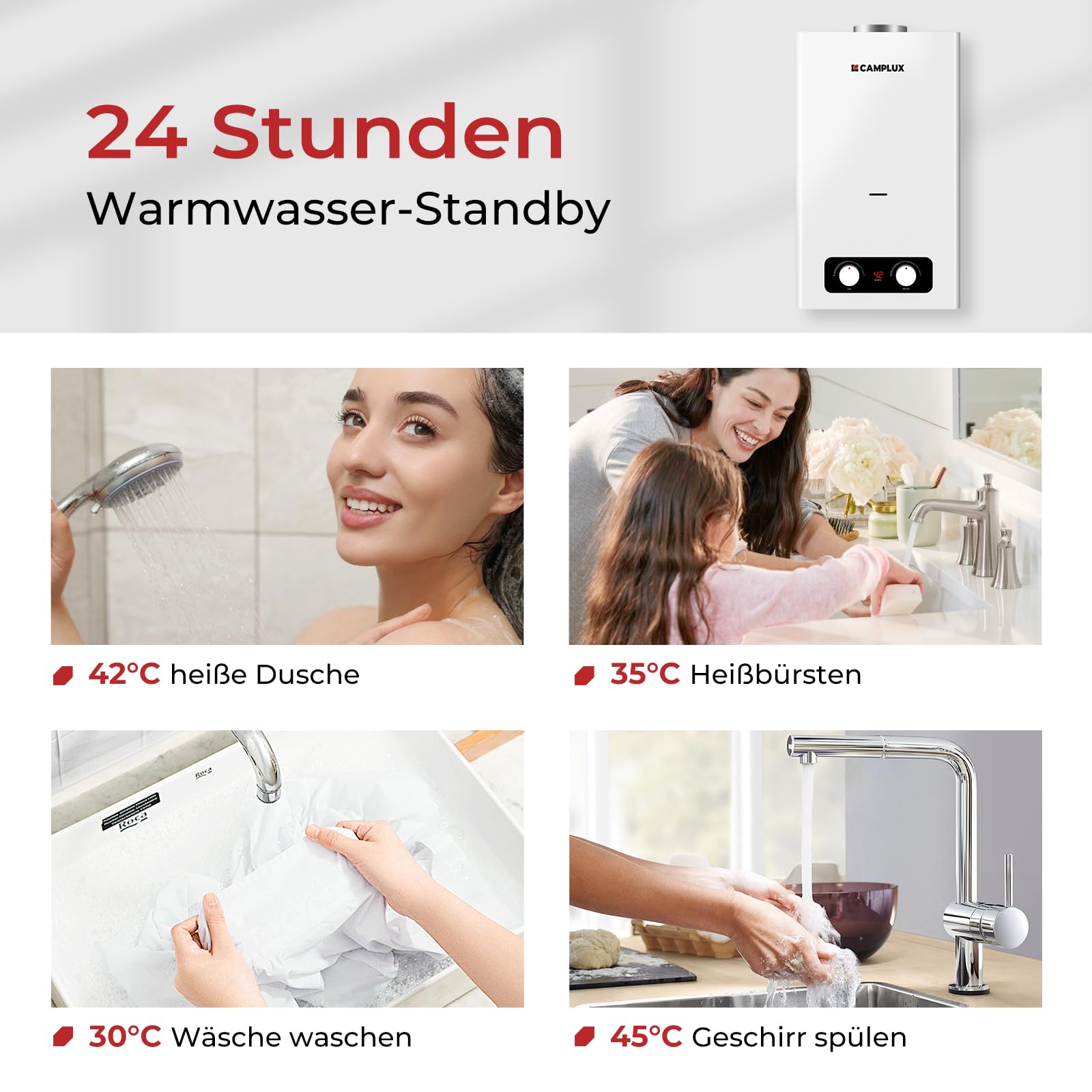CAMPLUX 10 Liter Gasdurchlauferhitzer Indoor, BY264-DE Gastherme für Küchen-/Balkoninstallation, 50mbar, LPG, 3V, 20kW