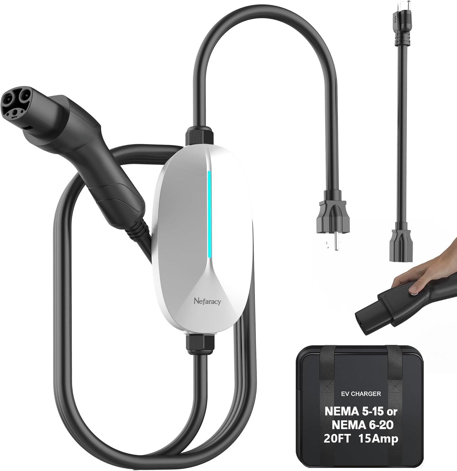 Level 1/2 EV Charger for with Tesla 16A Amp 110V-240V Portable Mobile EV Charger with 20FT Cable, NEMA 6-20 & NEMA 5-15 Plug, Home Electric Vehicle Charging Station for with Tesla Models Y/X/3/S