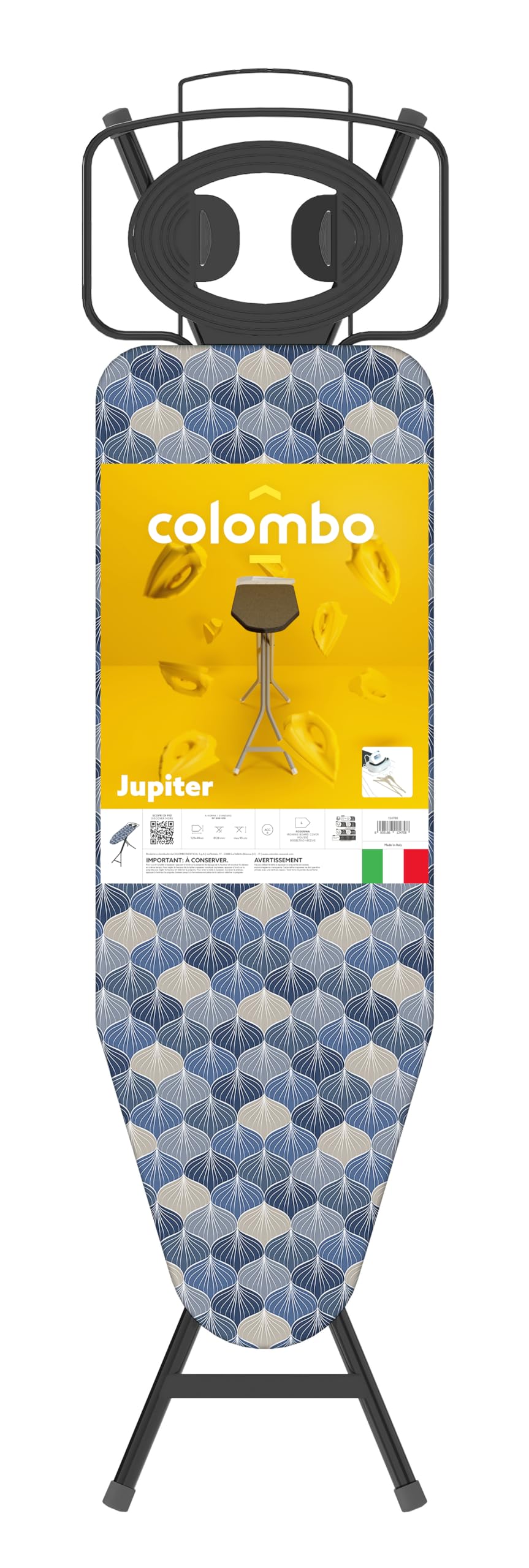 Colombo Asse da Stiro Jupiter 120x40cm con Porta Caldaia 10kg e Barra Porta-Grucce | Asse da Stiro Pieghevole Stabile Altezza Regolabile Fino a 95cm con Copriasse in Cotone Biologico | Made in Italy