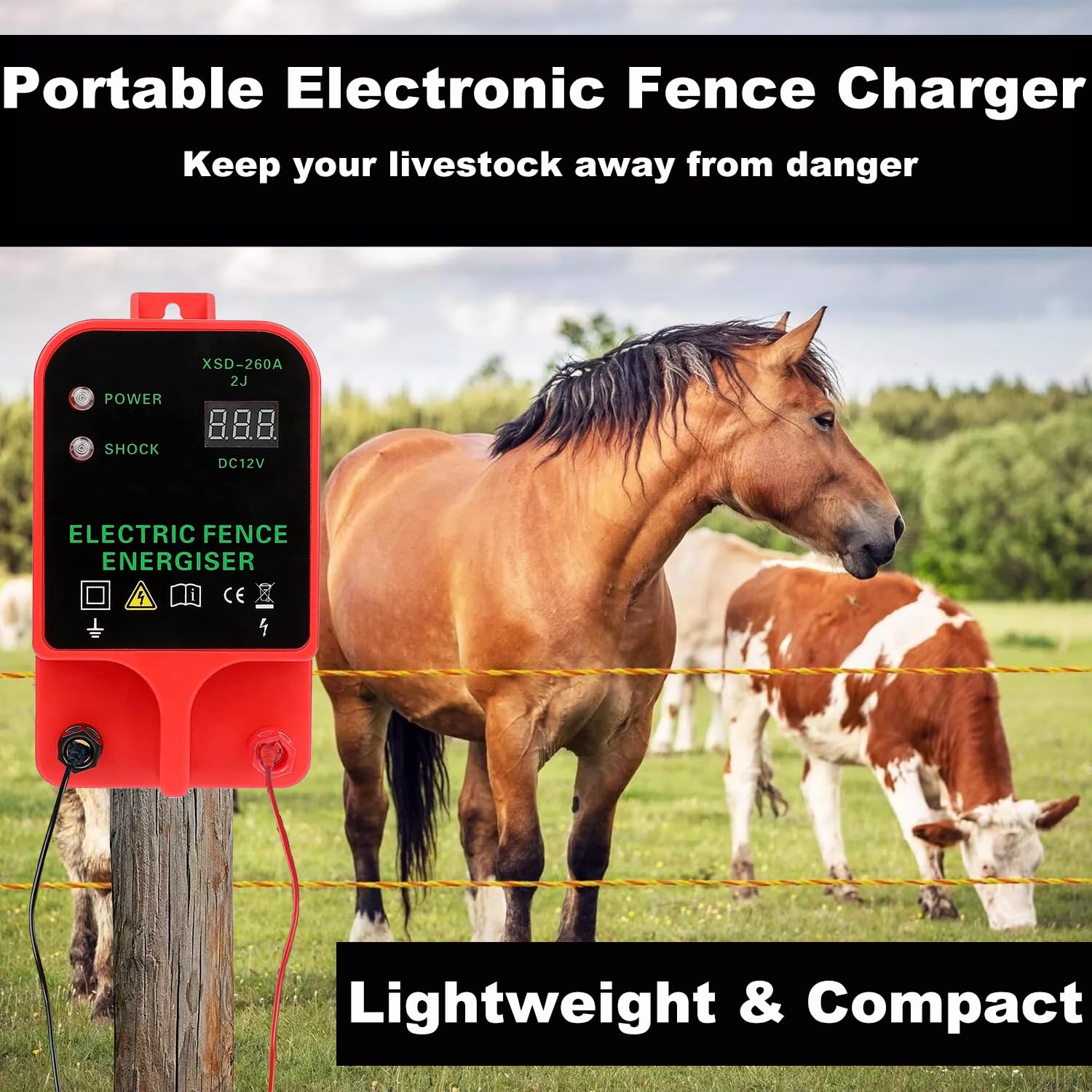 10KM Pastor Electrico, 12V Cerca Eléctrica Controlador de Pulso de Alto Voltaje Seguro para Ovejas, Caballos, Ganado, Aves, Pastor, Granja, Cerca Eléctrica para Perro (Rojo)