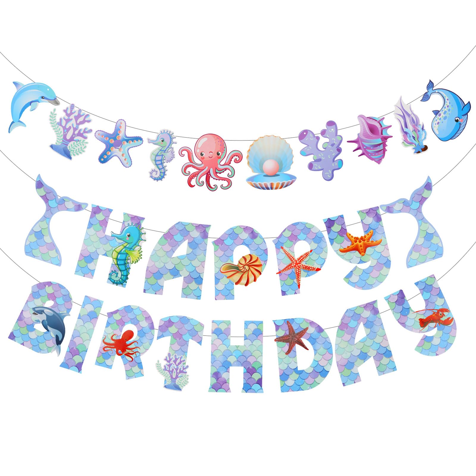 GAFATORY HAPPY BIRTHDAY Banner Set Party Decoration Mermaid Theme Ocean Animals Paper-made Birthday Party Favor Octopus Seashell Dolphin Pearl