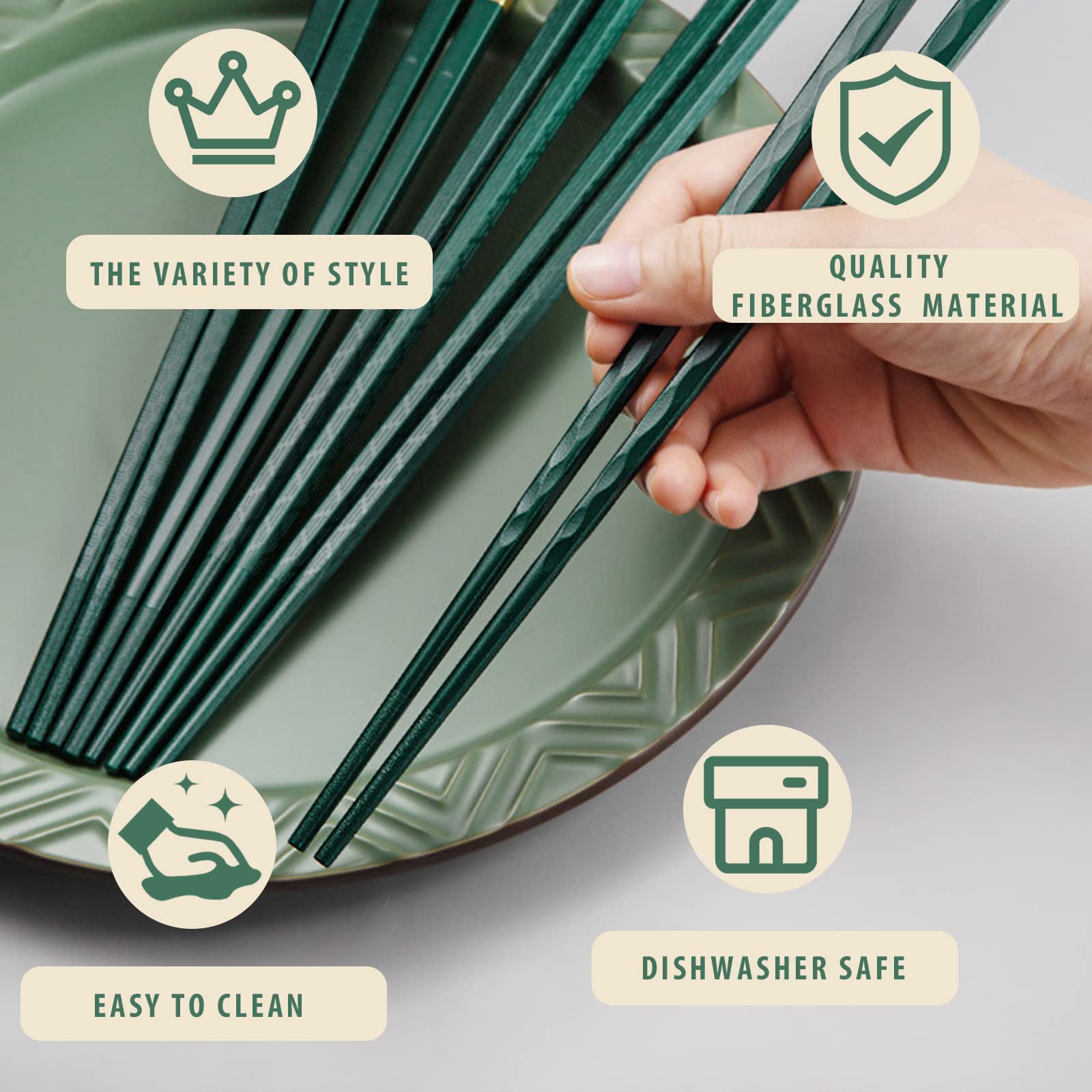 5 Pairs Chopsticks Reusable Fiberglass Dishwasher Safe, 9.6 inch/24.3cm Matte Non-Slip Family/ Hotel/ Restaurant Japanese Chop Sticks, Christmas & Chinese New Year Gift, Dark Green