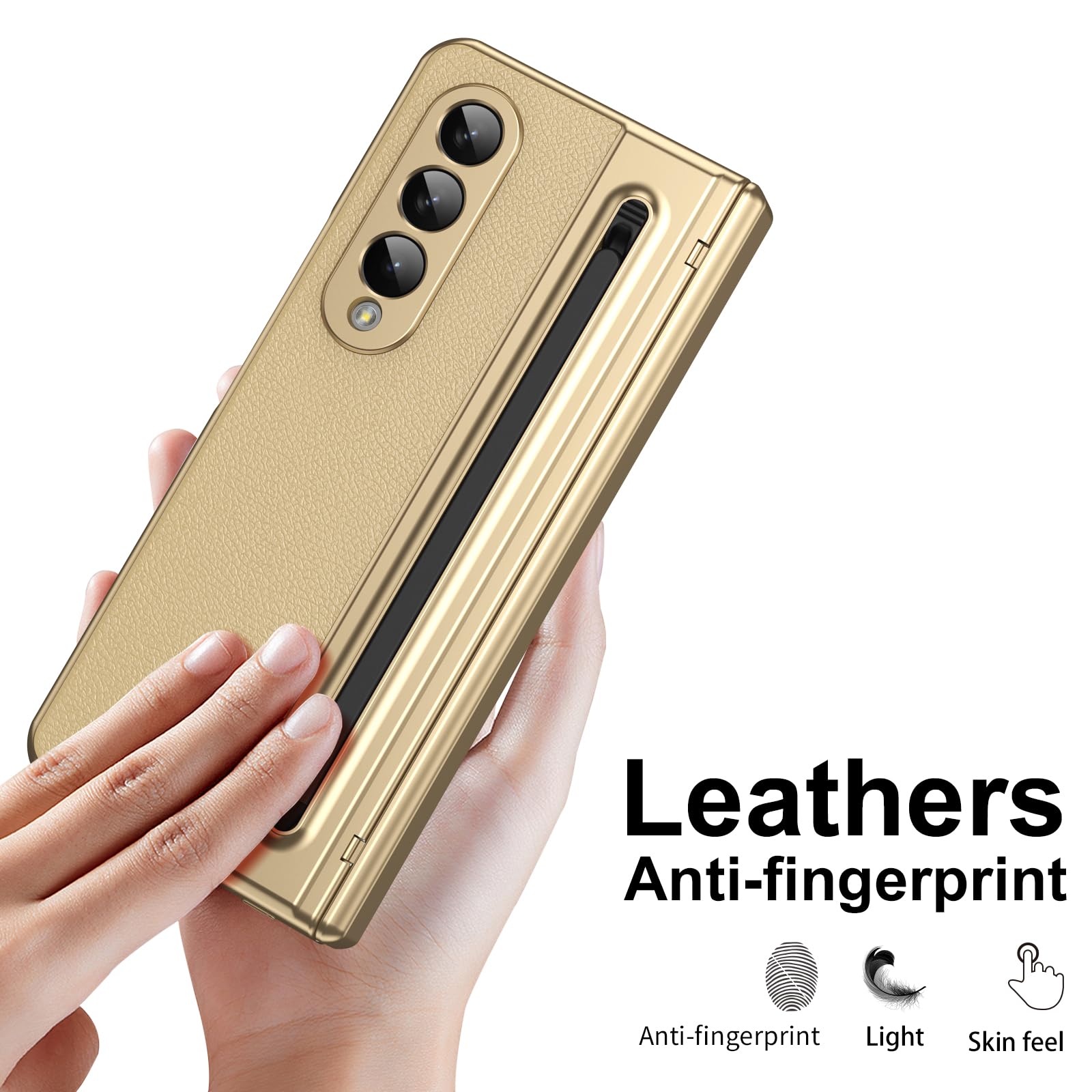 per Galaxy Z Fold4 Custodia con Penna e Slot per Penna, Pellicola Protettiva in Vetro Temperato + Protezione Cerniera Cover in Pelle per Samsung Galaxy Z Fold4-Oro