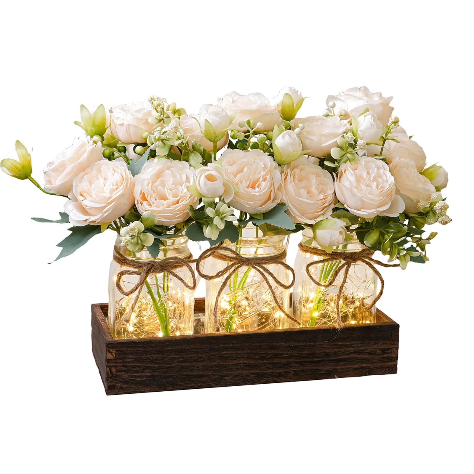 SUNNY BROOK 3PCS Artificial Spring Flowers in Mason Jars with Rustic Wood Tray, Fake Floral Centerpiece, Faux Silk Peony for Farmhouse Home Spring Décor Kitchen Coffee Table Arrangement, Champagne