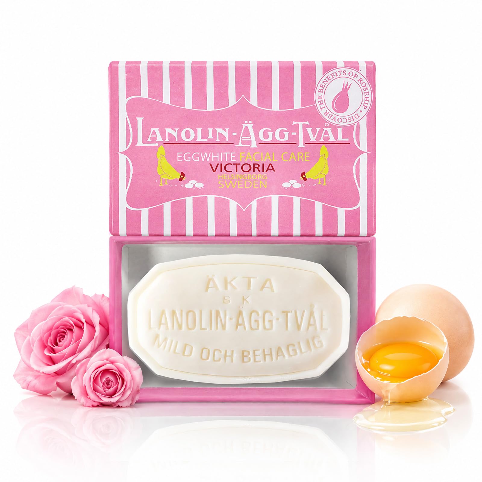 VICTORIA Swedish Egg White Facial Soap, 3-in-1 Gentle Daily Cleanser, Enriched with Rosehip & Rose Water, for Dry & Sensitive Skin, 50g