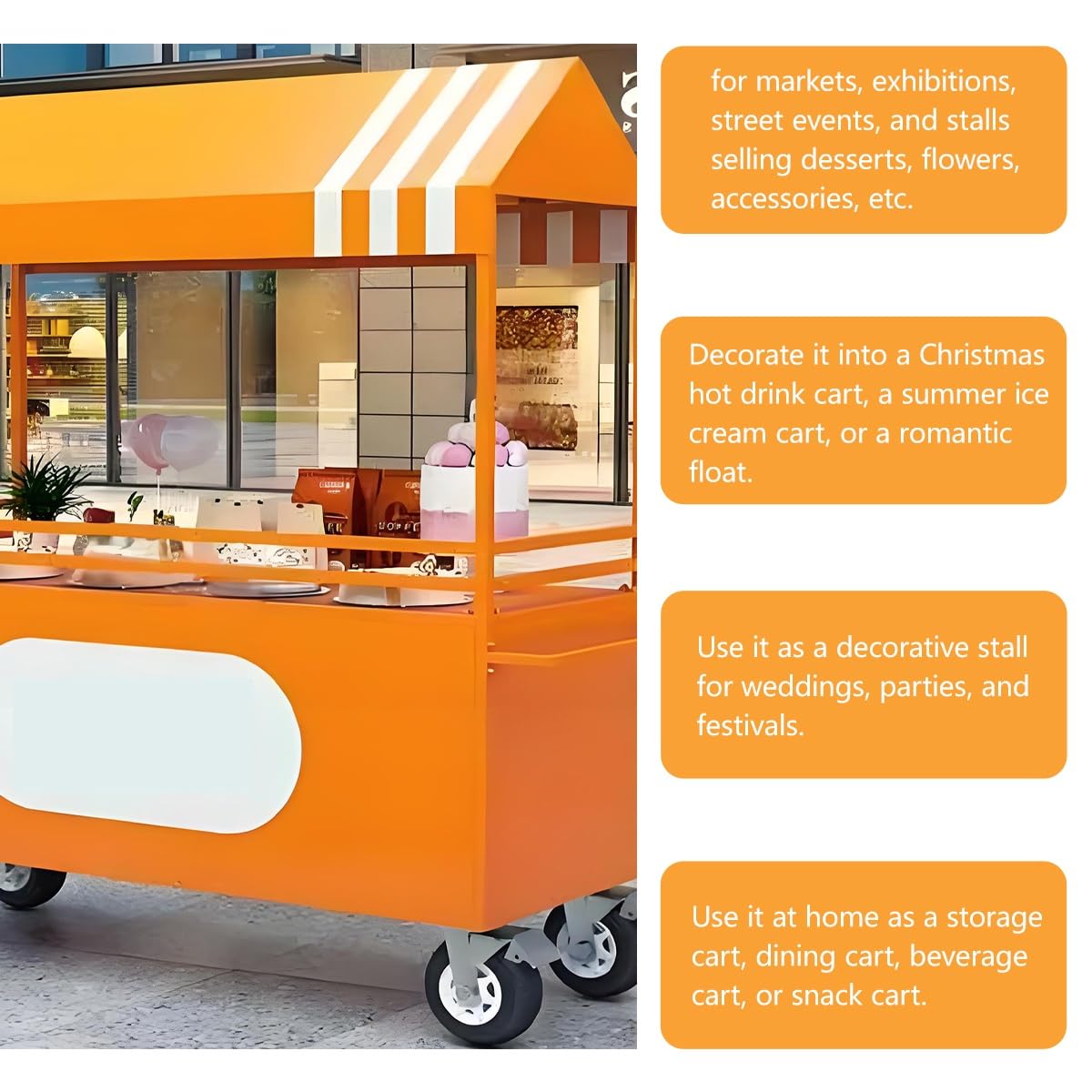 Carrello portatile per alimenti con tettoia, supporto mobile per vendite stradali, bancarella del mercato del ferro con scatola portaoggetti per fiere ed eventi