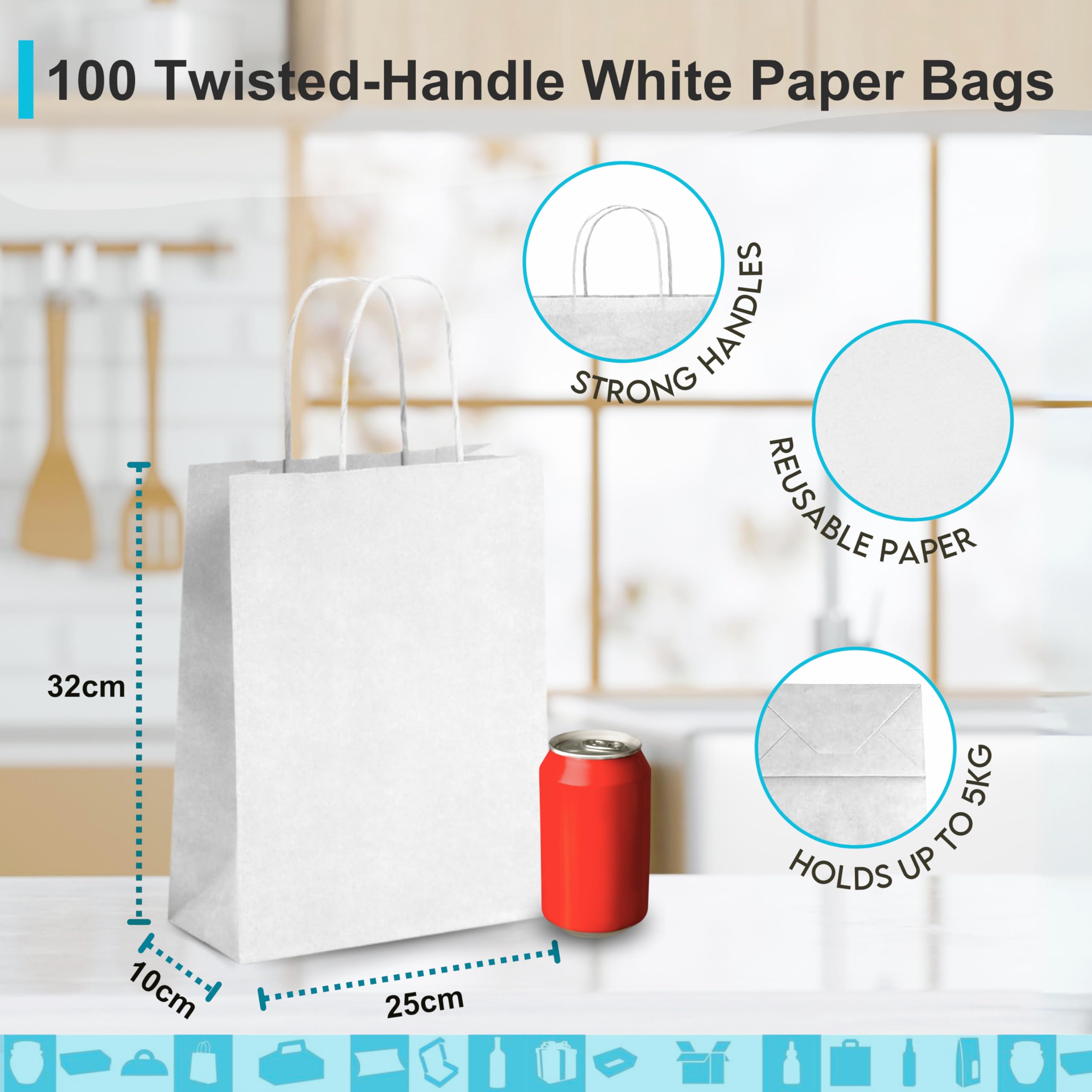 100 Sacchetti di Carta Kraft Bianco con Manici 25x12x32cm | Borsa per lo Shopping, Regali di Nozze