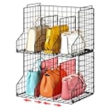 Sonyabecca Purse Organizer for Closet,2-Pack Adjustable&Stackable Purse Storage Organizer Dividers for Open Cabinets,Wire Storage Baskets for Purses/Handbags/Clutches-Black