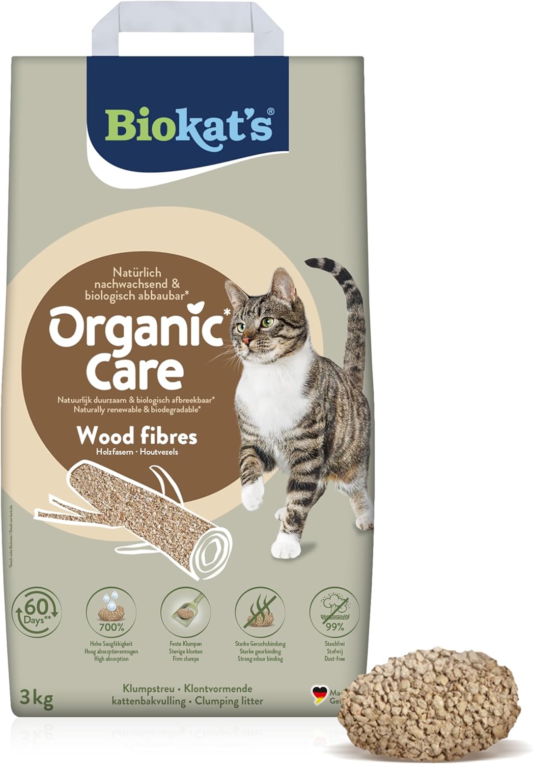 Biokat’s Organic Care Holzfasern 3 kg – Feinklumpende Katzenstreu aus nachwachsenden und biologisch abbaubaren Pflanzenfasern – 1 Beutel (1 x 3 kg)