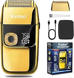 Lâminas de barbear elétricas KEMEI para homens, LCD Display Navalhas masculinas sem fio, USB recarregável com aparador de barba pop-up Melhor presente de viagem mundial, Modelo KM 2028, Ouro
