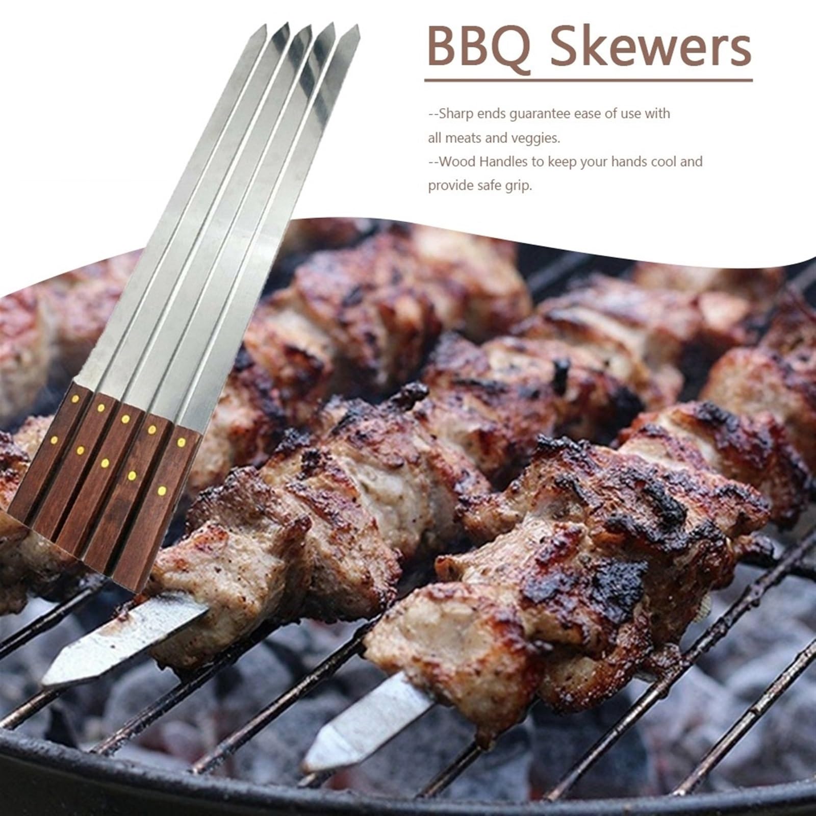 Spiedini per Barbecue, Spiedini for Kebab, 5 Pezzi/Set spiedini Larghi for Barbecue in Acciaio Inox con Manico Lungo in Legno forchetta for Bastone