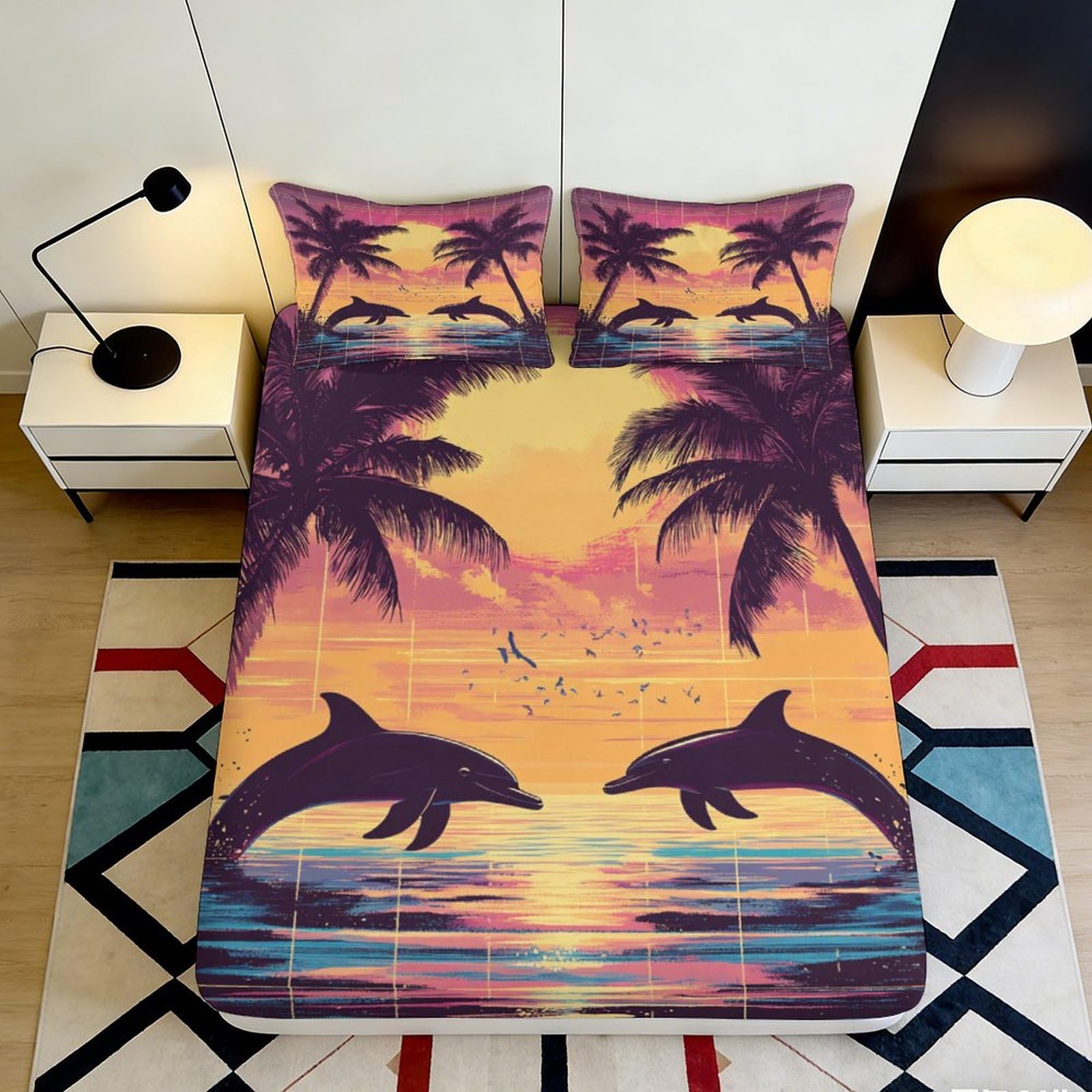 3D Printed Sunset Beach Dolphin Fitted Sheet Microfiber Palm Tree Mattress Cover for Bedroom Guestroom All Season 90x200x25cm