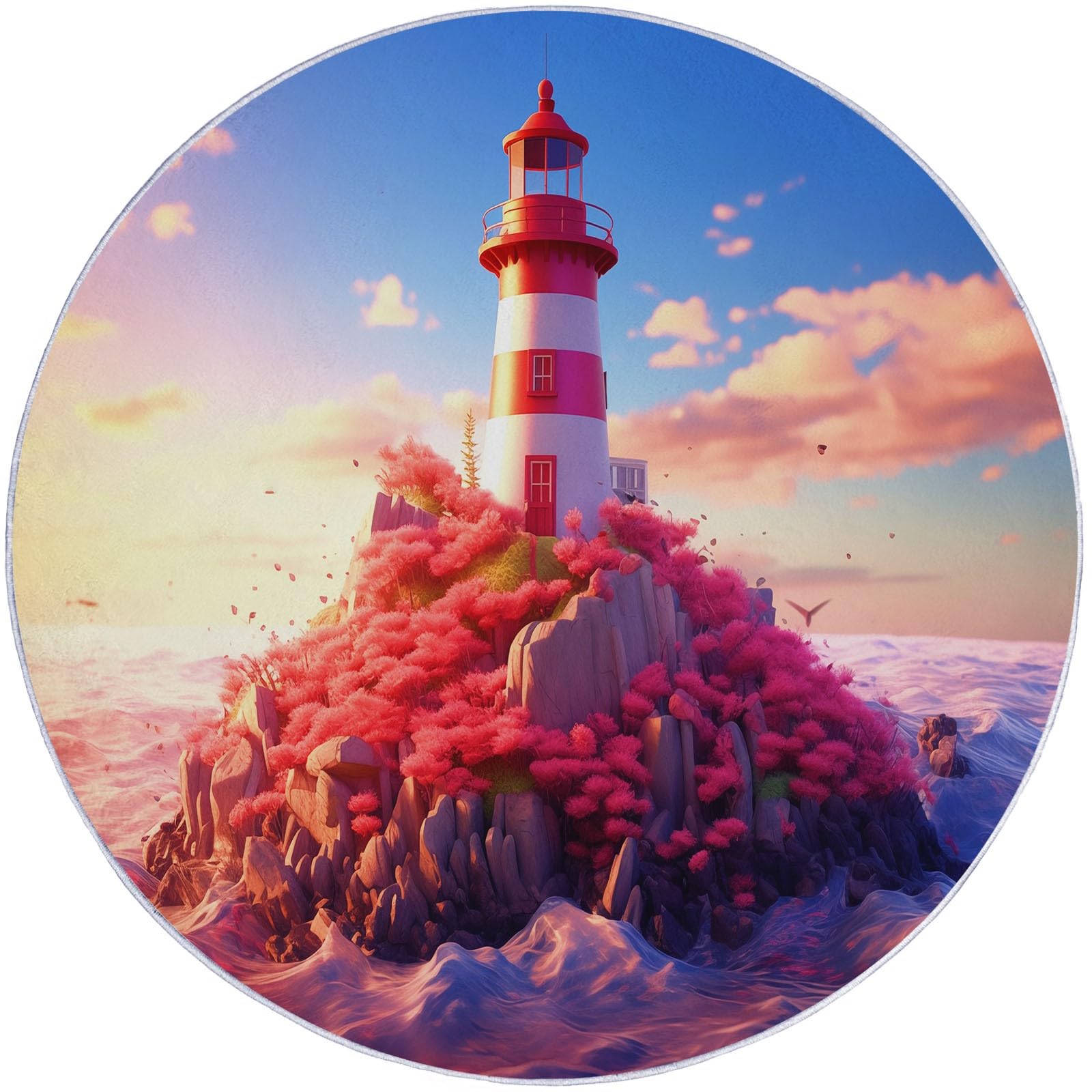 Miękki okrągły dywan Dream Rocks Island Ocean Theme, różowy niebieski zmywalny antypoślizgowy 160 cm okrągły dywan nie blaknie łatwo - do kuchni salonu sypialni jadalni przedpokoju