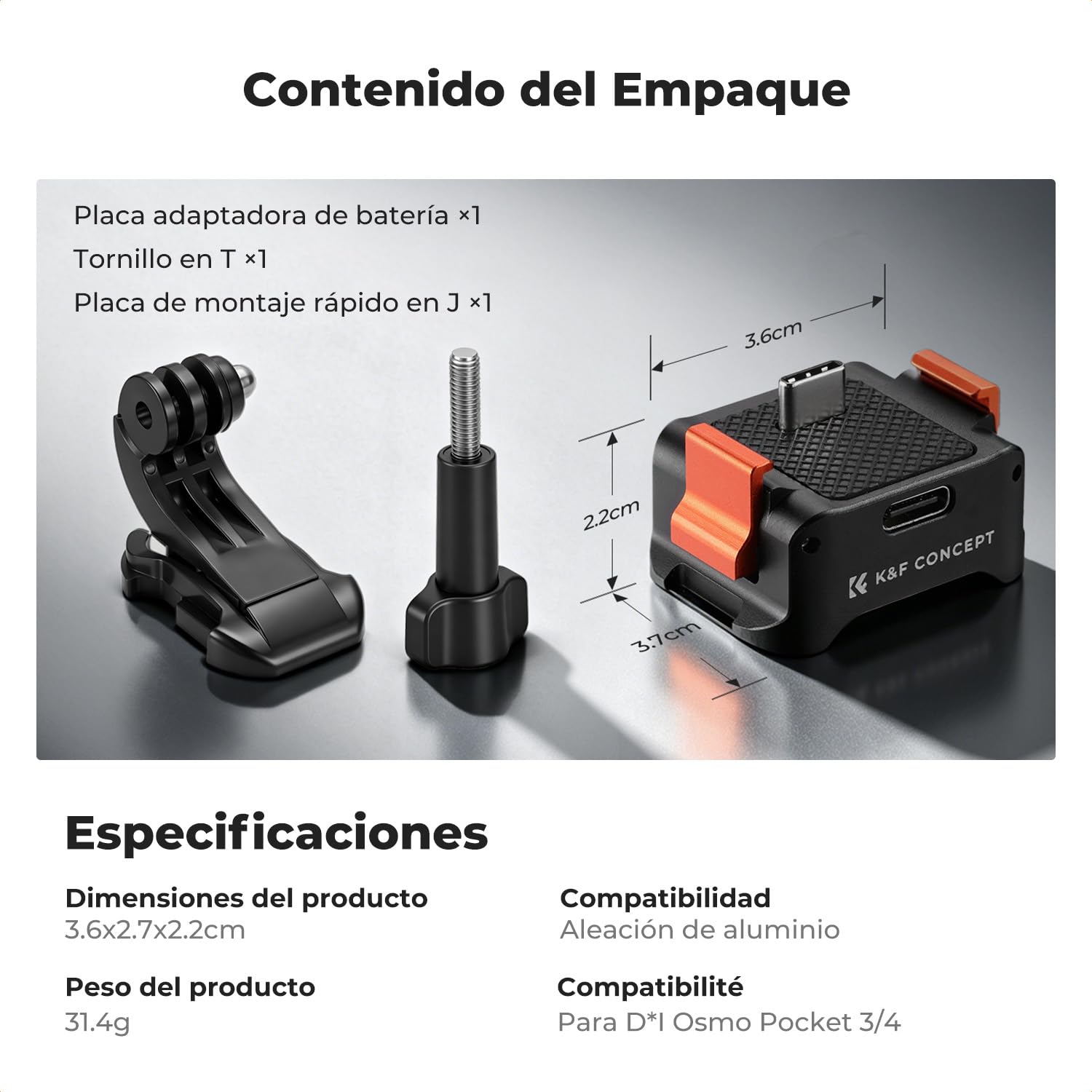 K&F CONCEPT PP61 Base Carga Rápida Magnética Compatible con dji Osmo Pocket 4/3, Adaptador Arca-Swiss y 1/4" para Action CAM, Dock Vlog Aluminio CNC