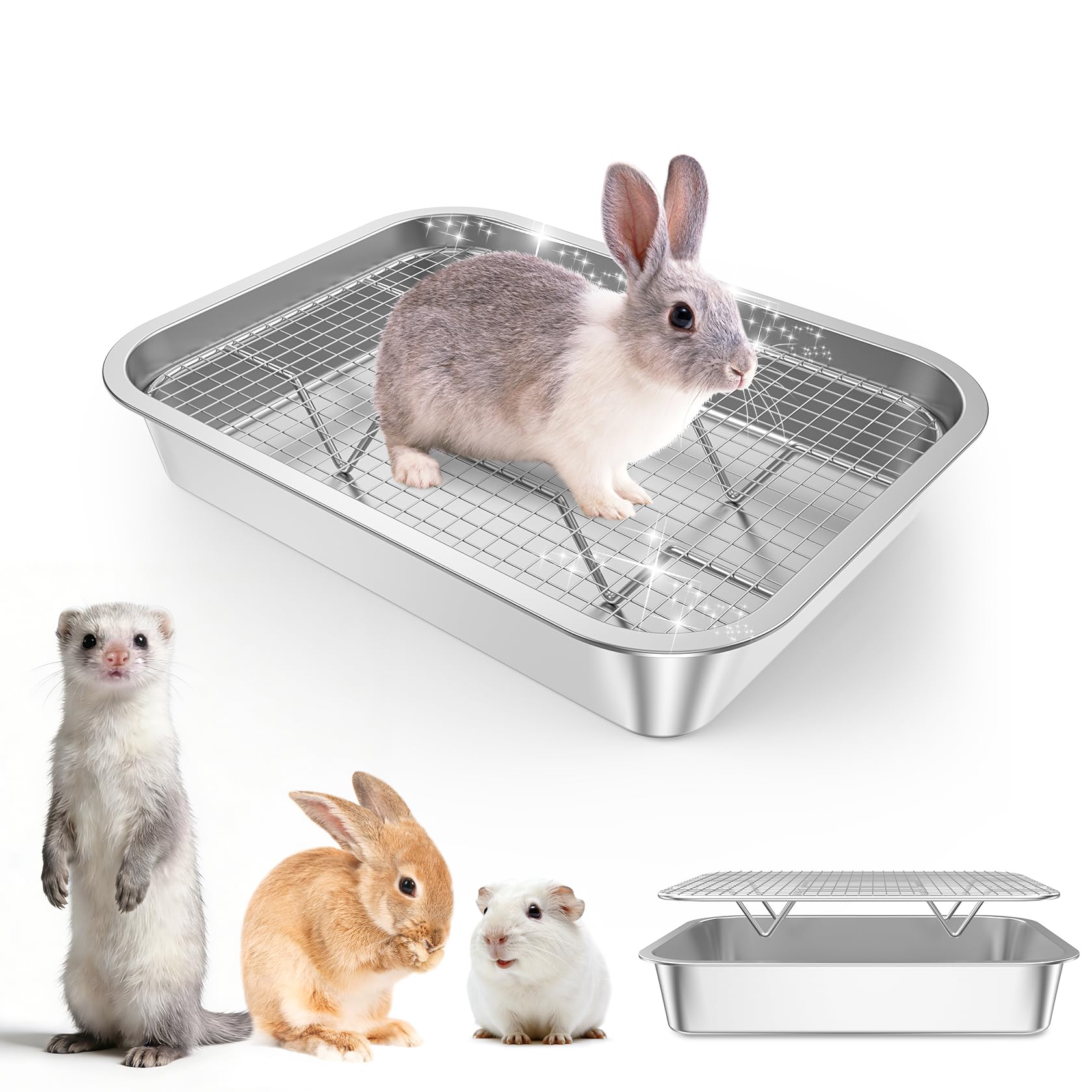 Zuqqony Stainless Steel Rabbit Litter Box, Hay Feeder with Hooks, Footed Metal Grid, Easy to Clean for Medium and Large Rabbits