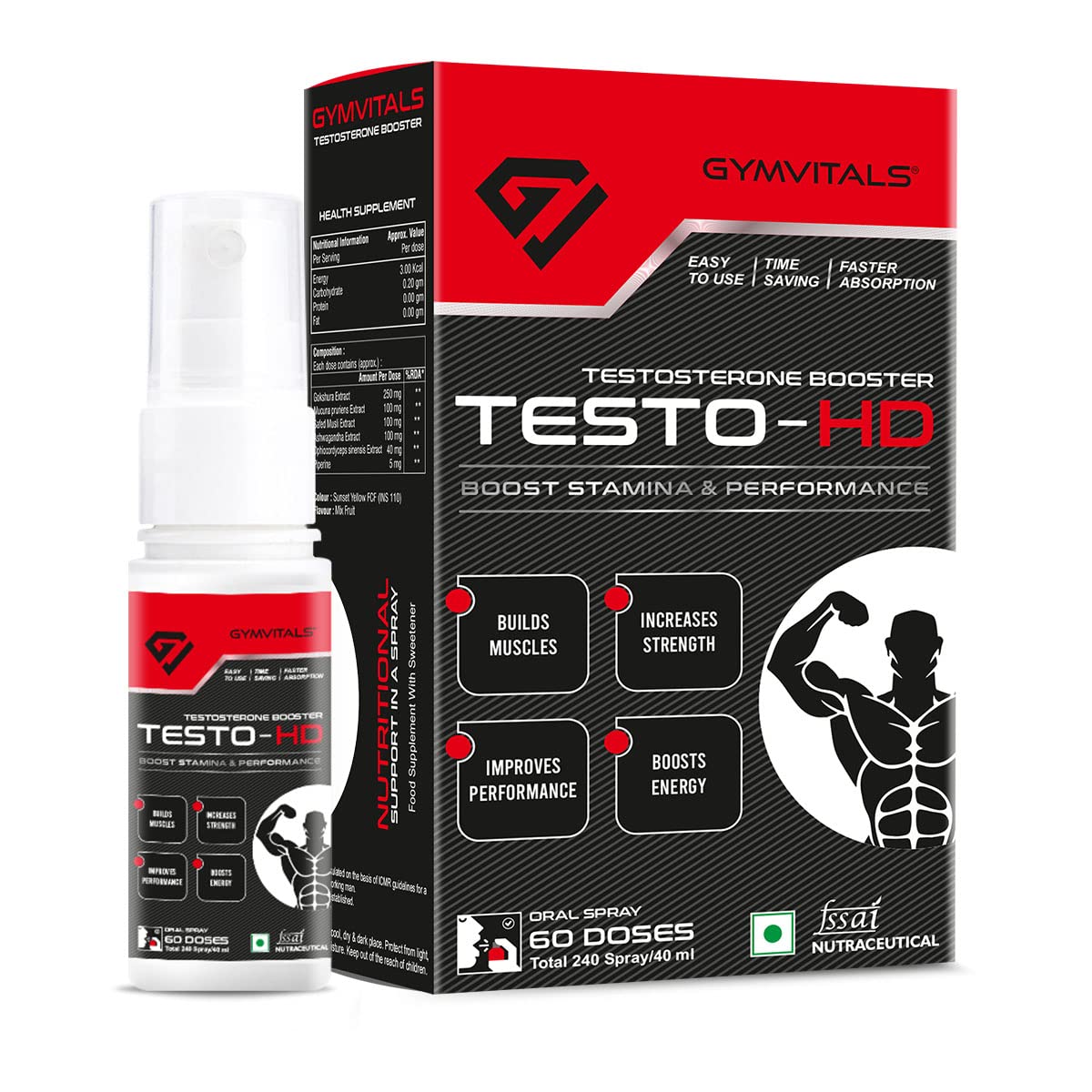 Gymvitals Testo-HD Testosterone Booster Oral Spray, For Men for Performance, Stamina & Strength, Easy to Use, Time Saving, Faster Absorption, Mix Fruit Flavour, 240 Spray / 40 ml, 60 Doses