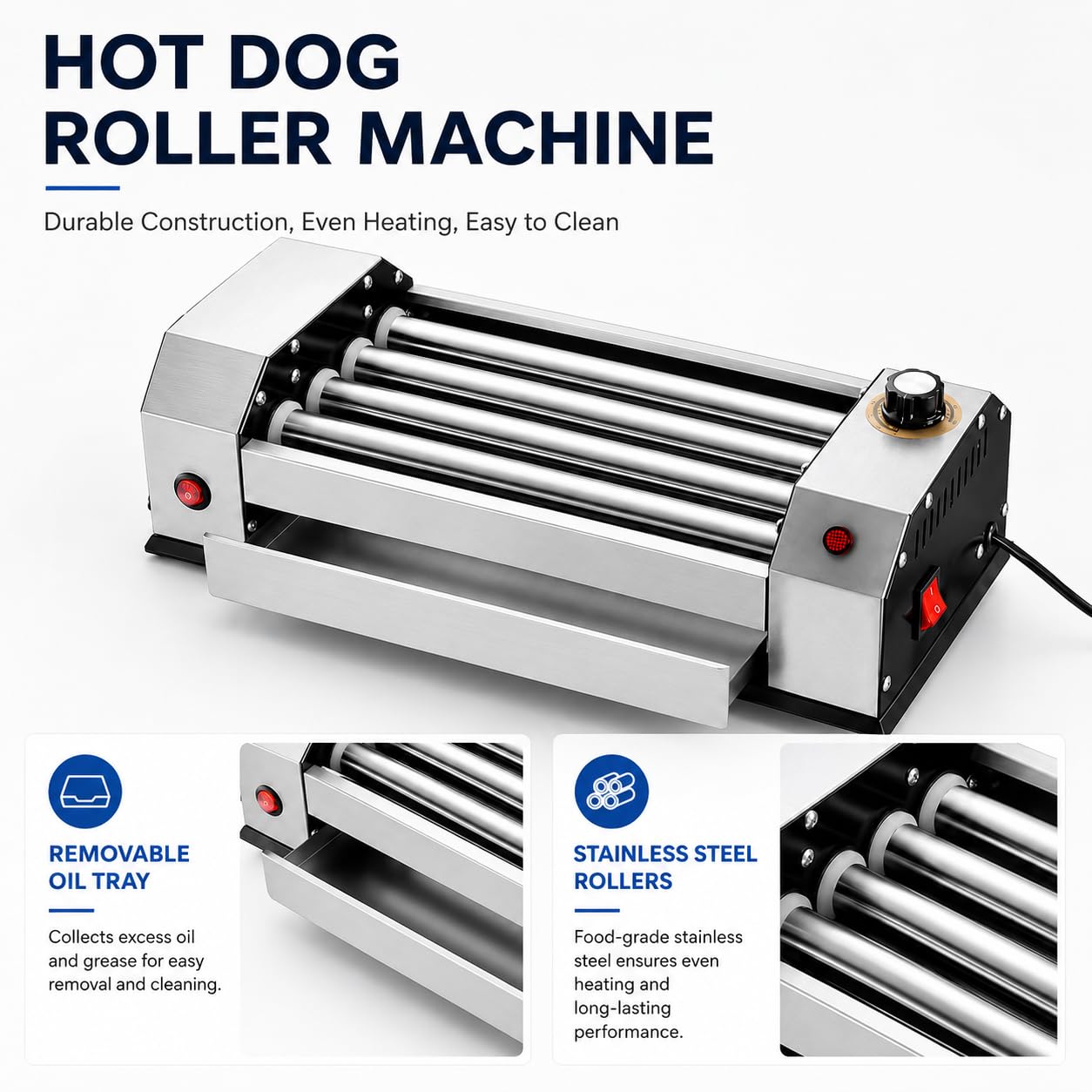 Macchina a rulli per hot dog in acciaio inossidabile 600W, griglia di salsifia di controllo del calore doppia indipendente, rulli riscaldati antiaderenti per le feste della cucina domestica, design co
