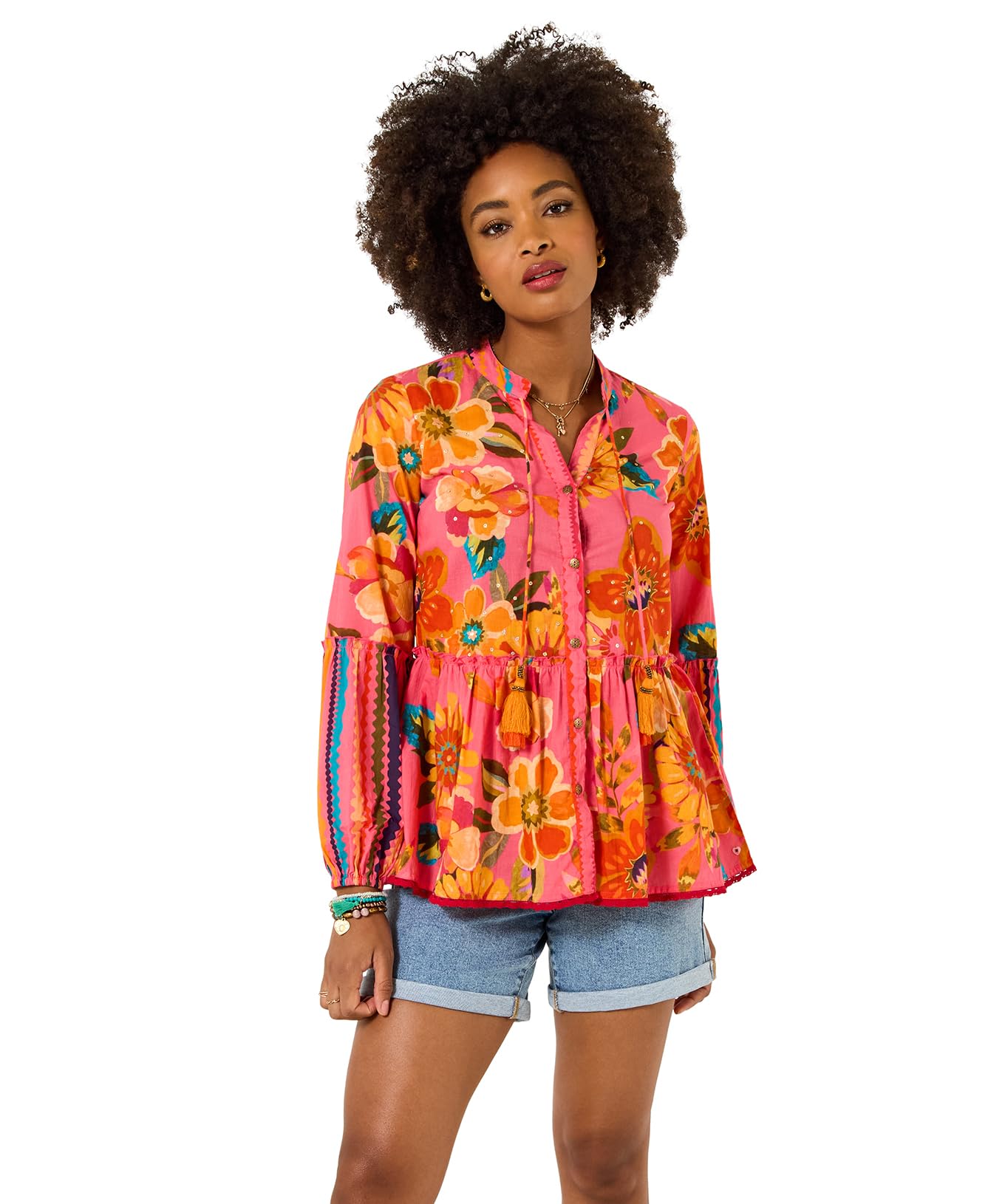 Joe Browns Women's Bold Floral Printed Peplum Hem Long Sleeve Top, Relaxed, Pink, UK 20