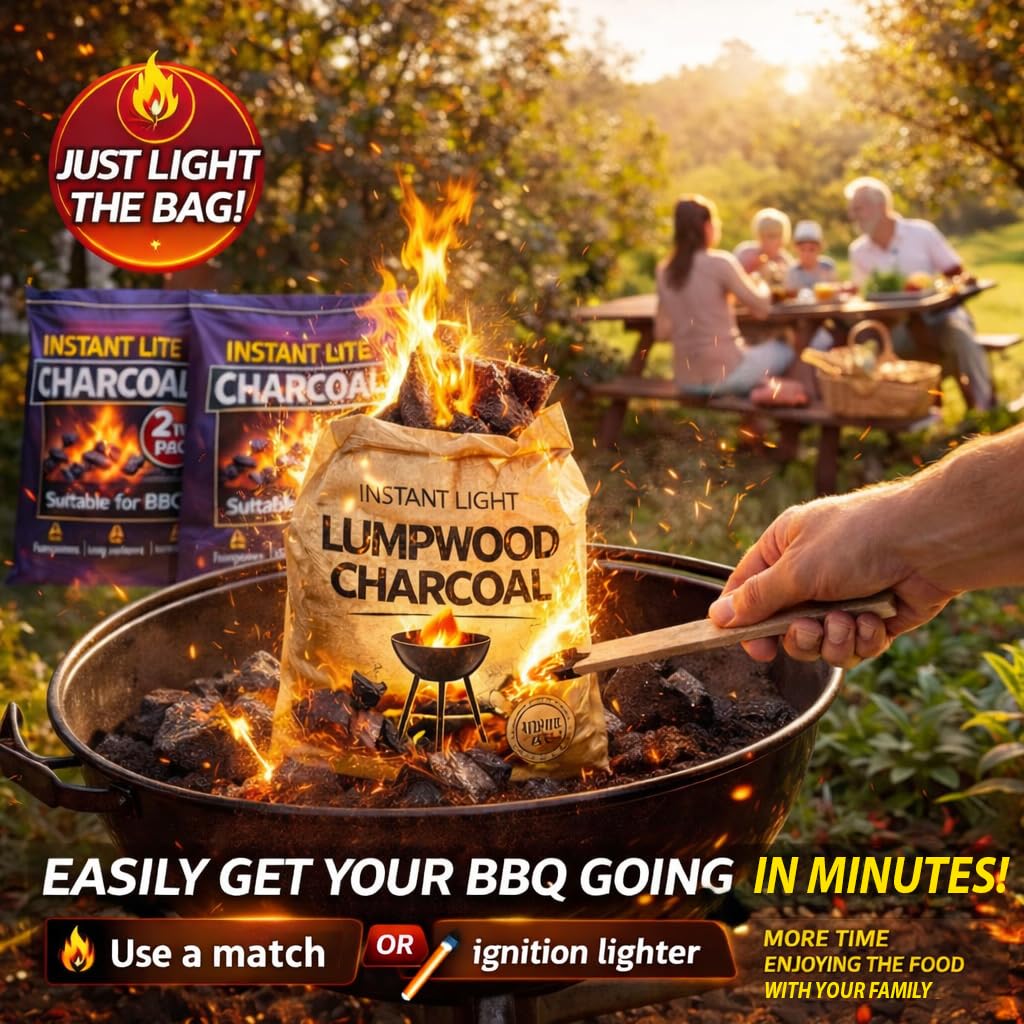 4 x 1.25kg Bags (5kg) Premium Instant Light BBQ Charcoal, Bags of Instant Barbecue Lumpwood Charcoal (2x Twin Packs) — view 9