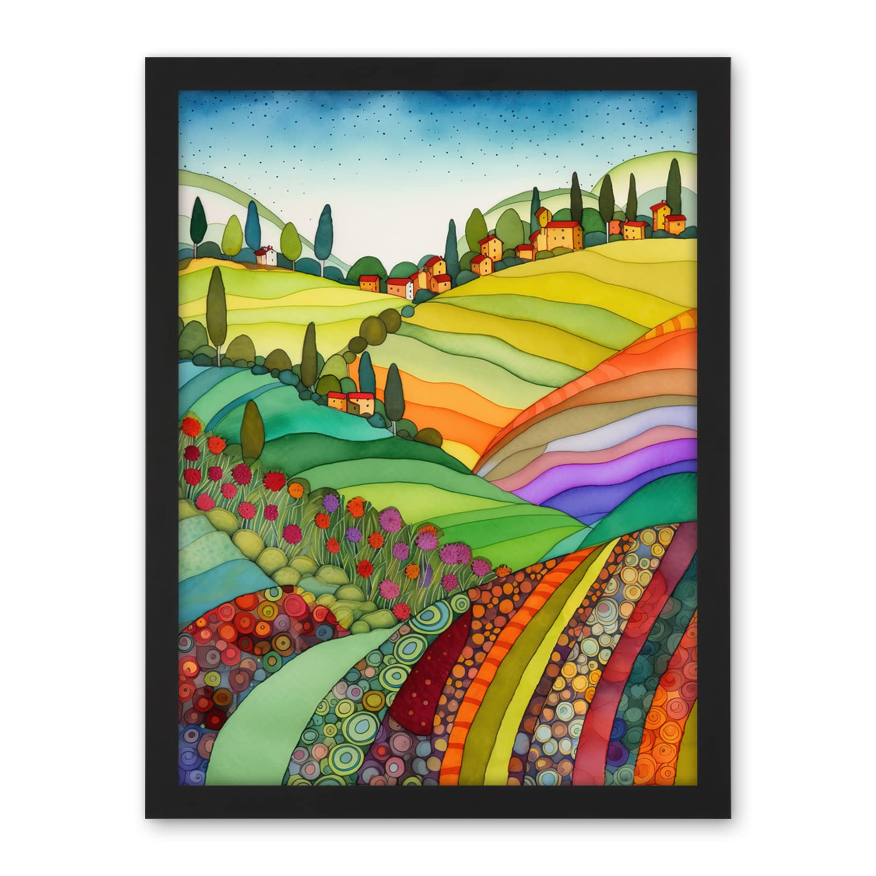 Artery8 Abstract Tuscany Hills Landscape Folk Art Artwork Framed Wall Art Print 18X24 Inch