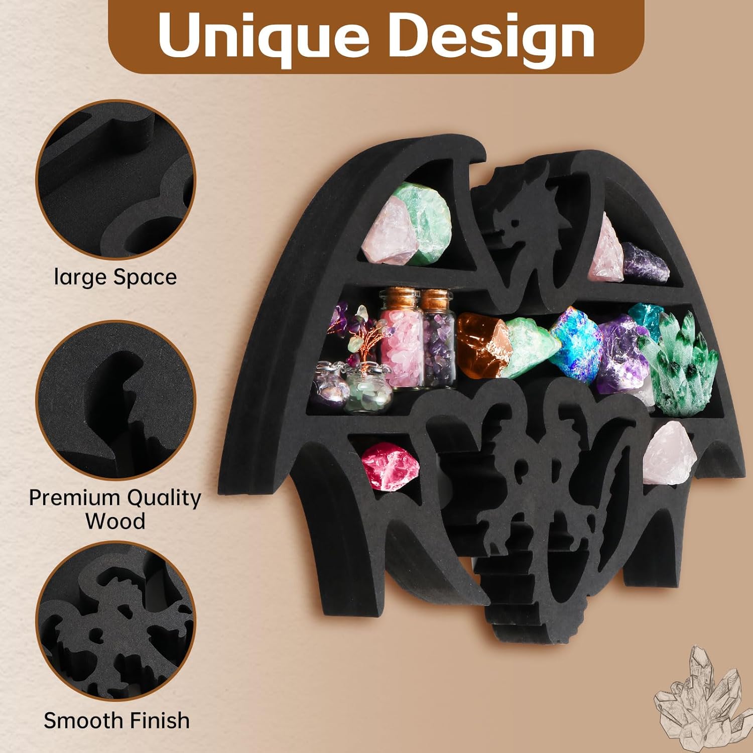 Wooden Floating Shelf Dragon Design Unique Room Decor Crystal & Rock Display Shelf, Floating Wall Shelves with Dragon Design for Rocks, Crystals, Oils, Stones, Plants 14x9.4inch