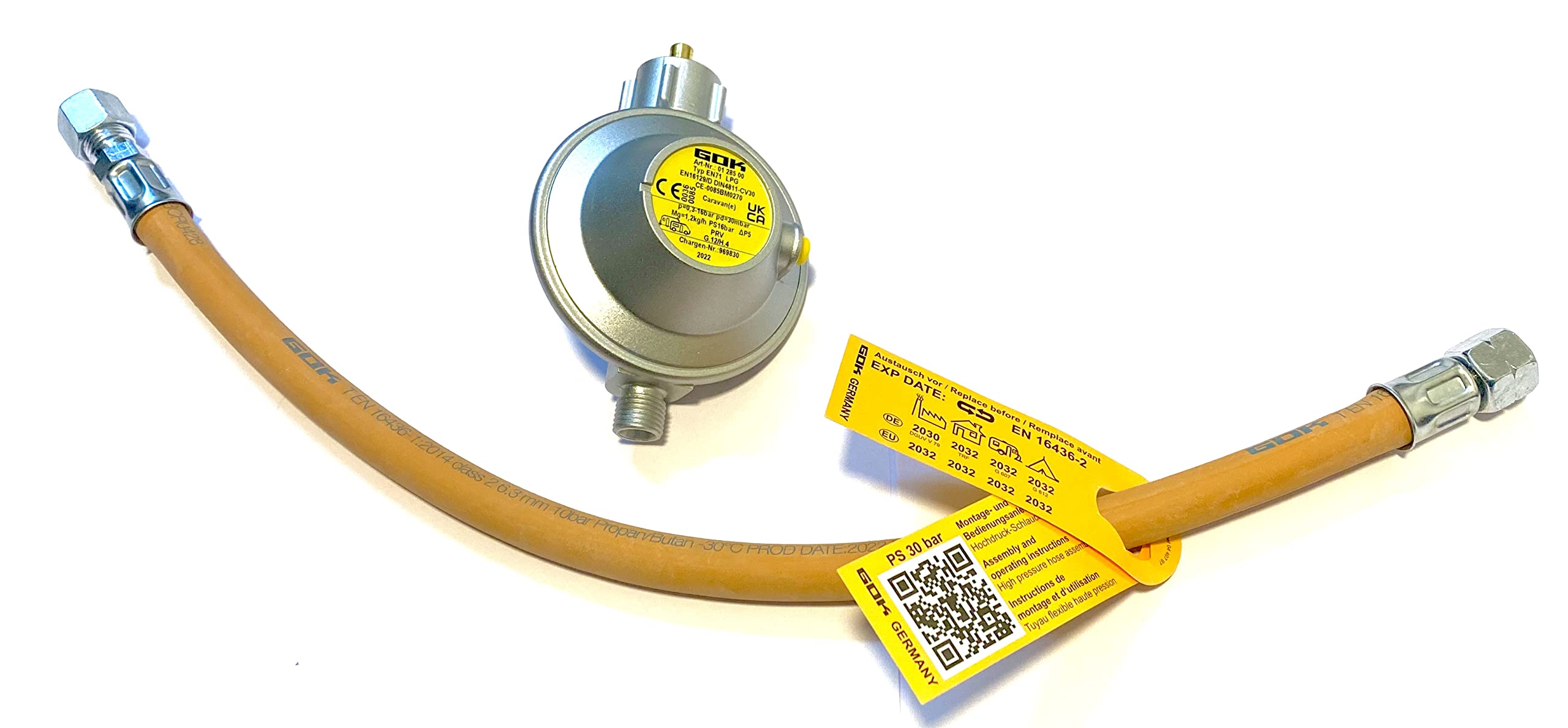 Roeder GOK - Regulador de Gas para Caravana (30 mbar, 1,2 kg/h, con Manguera, 8 mm)