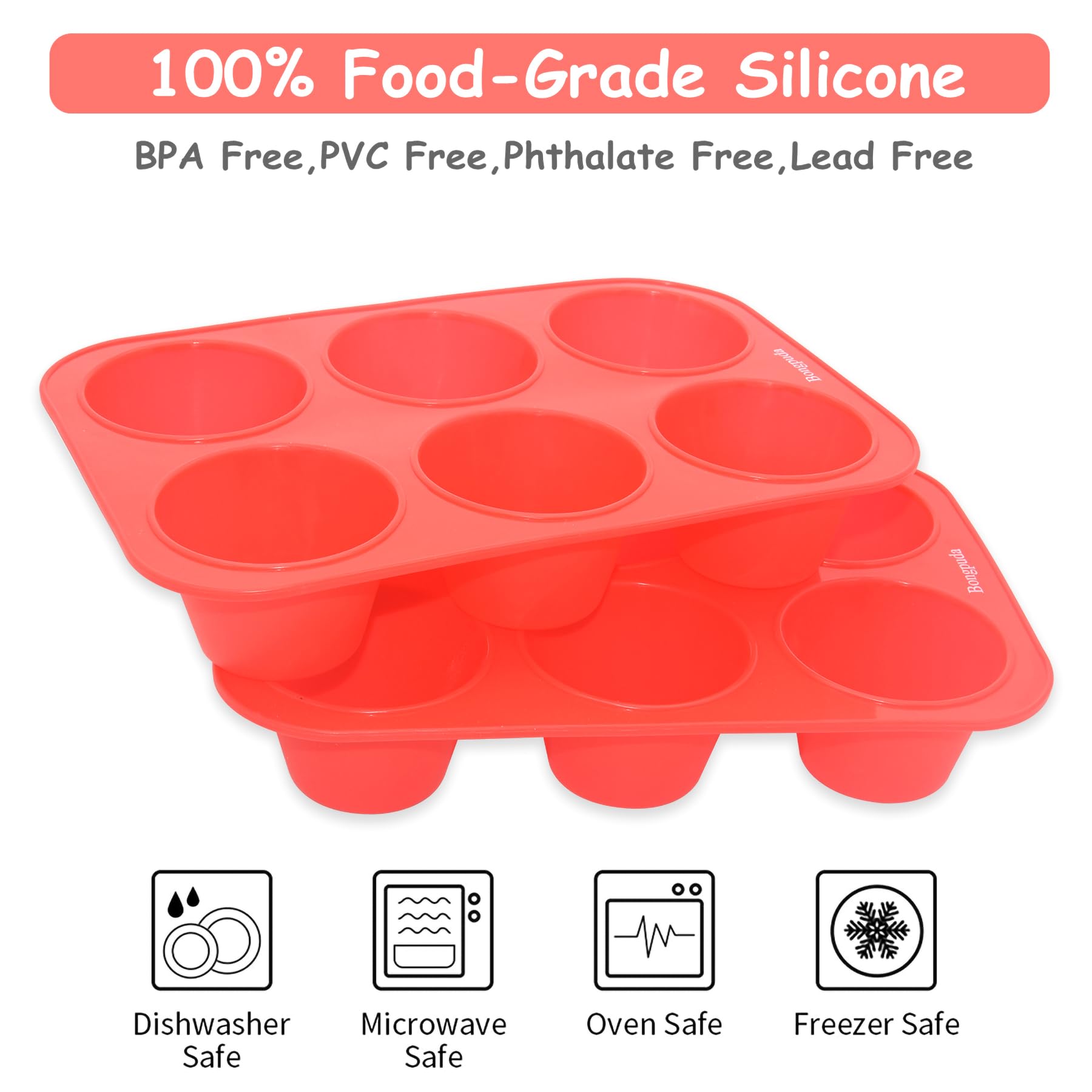 Molde para magdalenas de silicona antiadherente, 6 tazas, molde de silicona de grado alimenticio para magdalenas grandes y mini pasteles, cada taza tiene capacidad para 5 onzas, 2 unidades