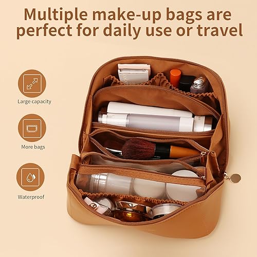Miniatura 9 de Bolsa de maquillaje de viaje, 3 juegos de bolsas organizadoras de cosméticos de gran capacidad para mujeres, bolsas de aseo de piel sintética