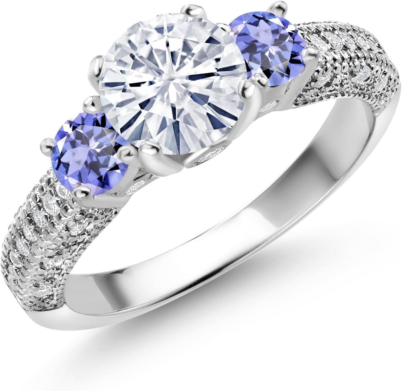 Gem Stone King 1.88 Cttw, White Moissanite and Blue Tanzanite Engagement Ring For Women | 925 Sterling Silver | Gemstone Birthstone | Round 7MM and 4MM | Available In Size 5, 6, 7, 8, 9
