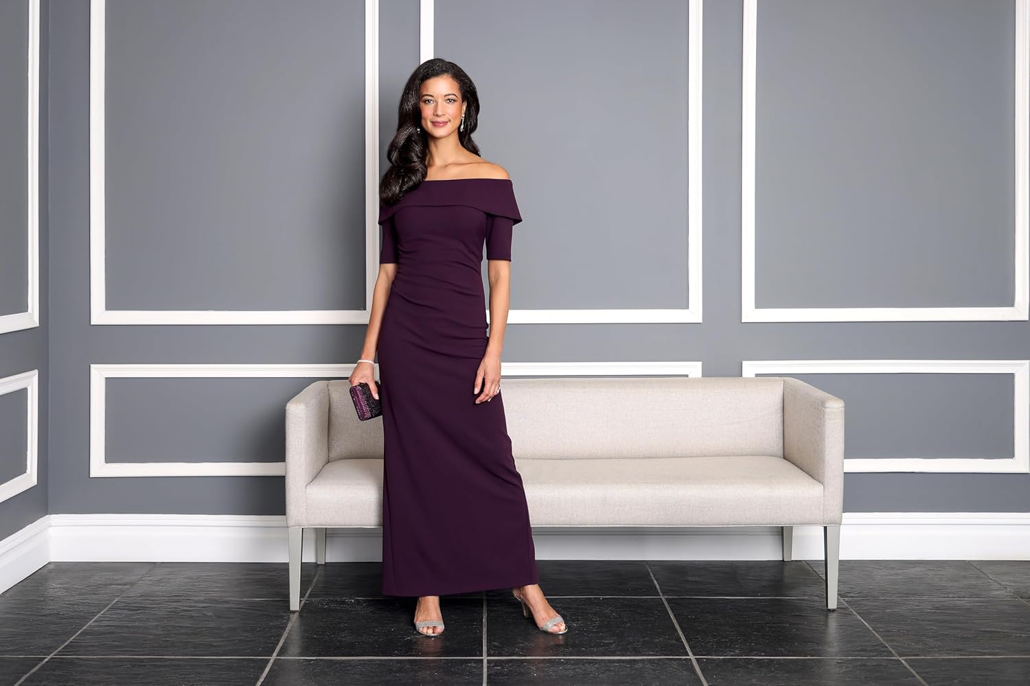 Alex Evenings Womens Stretch Crepe Off The Shoulder Dress with Foldover Cuff Neckline and Elbow Sleeves, Floor Length - Image 3