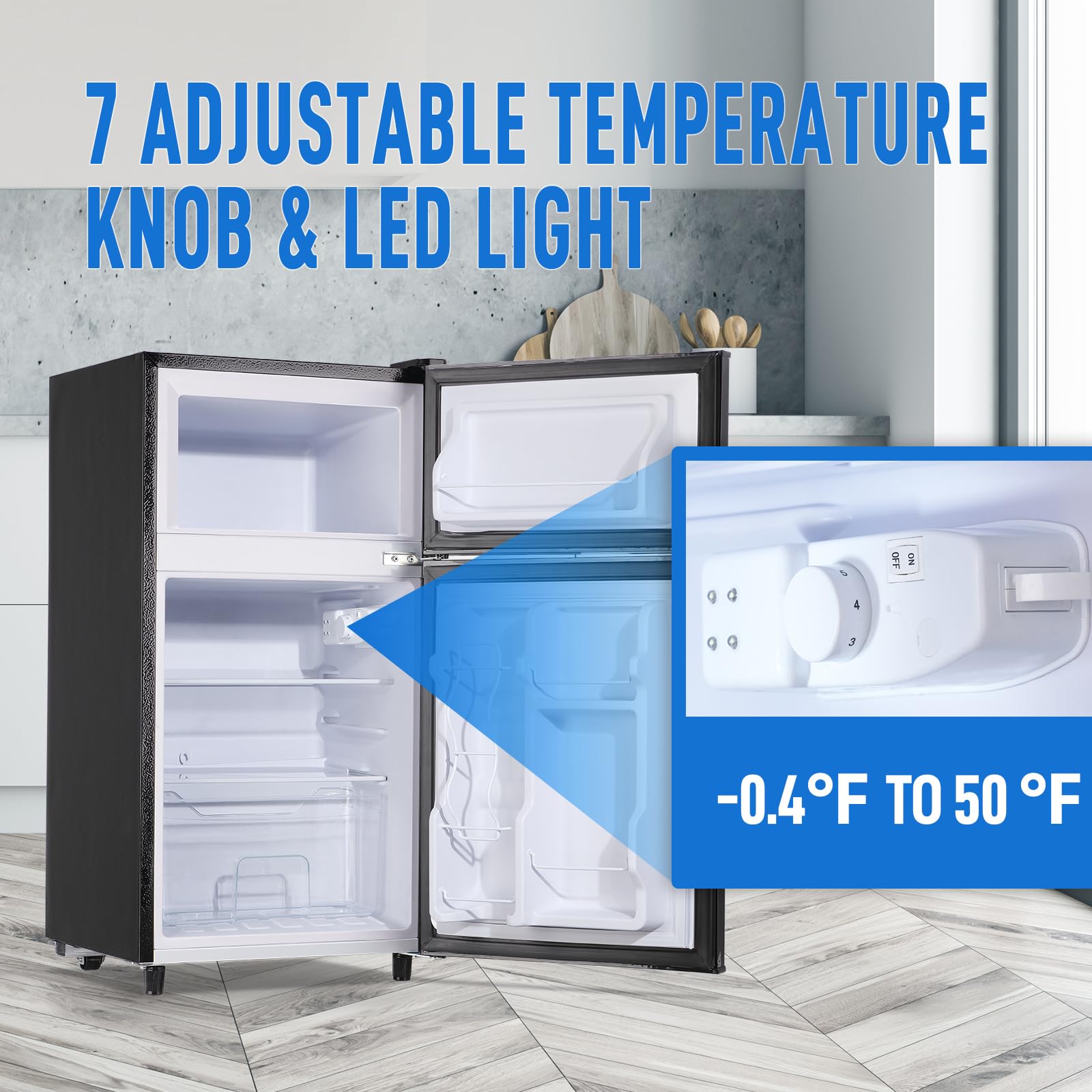 WANAI 3.5 CU.FT 2 Door Mini Fridge with Freezer Freestadning Small Refrigerator Features 7 Gear Mechanical Control, Side Bottle Rack, 2 Glass Removable Shelves, Crisper Drawer Black on Fridge.com