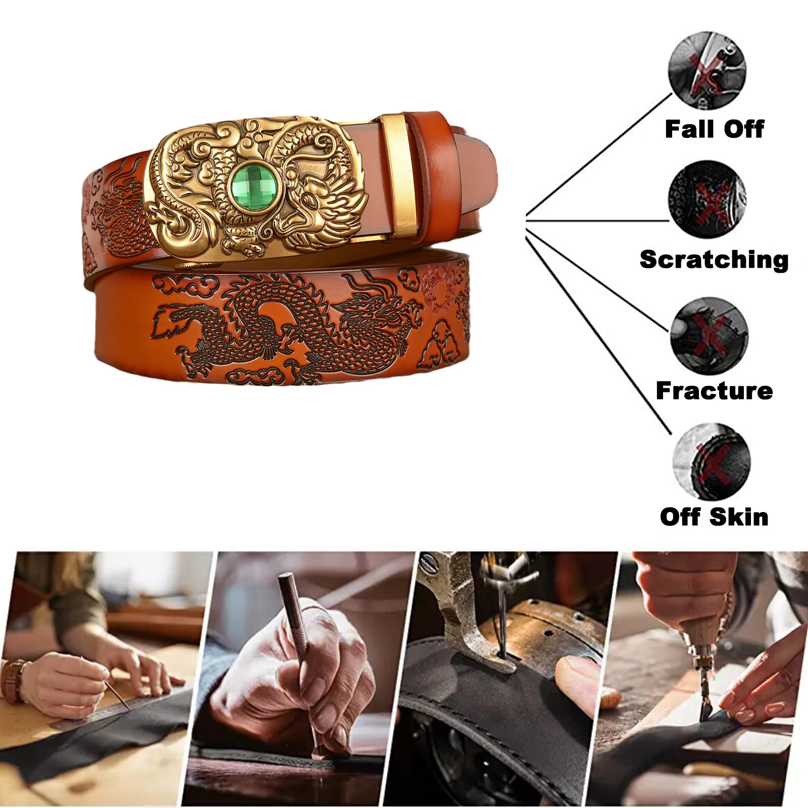 Cinturón De Trinquete For Hombre, Piel Auténtica, 3,5 Cm Ancho, Con Cierre Automático, Hebilla Deslizante Y Escultura Grabada Decorativa