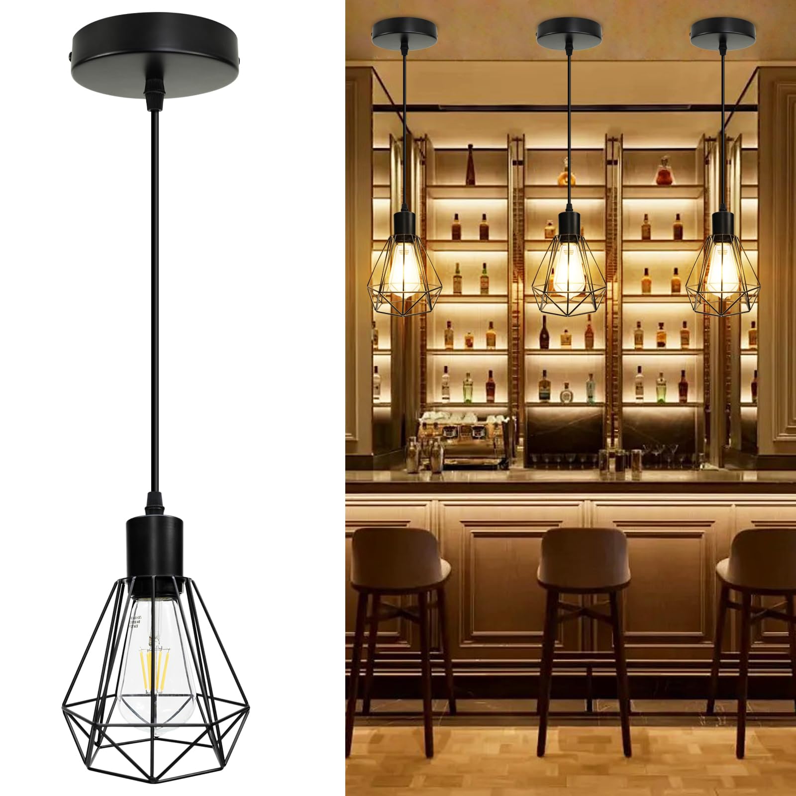 HiBay 3 Packs Pendant Light Height Adjustable, Metal Hanging Lights E27 Ceiling Lights for Kitchen Dining Room, Living Room