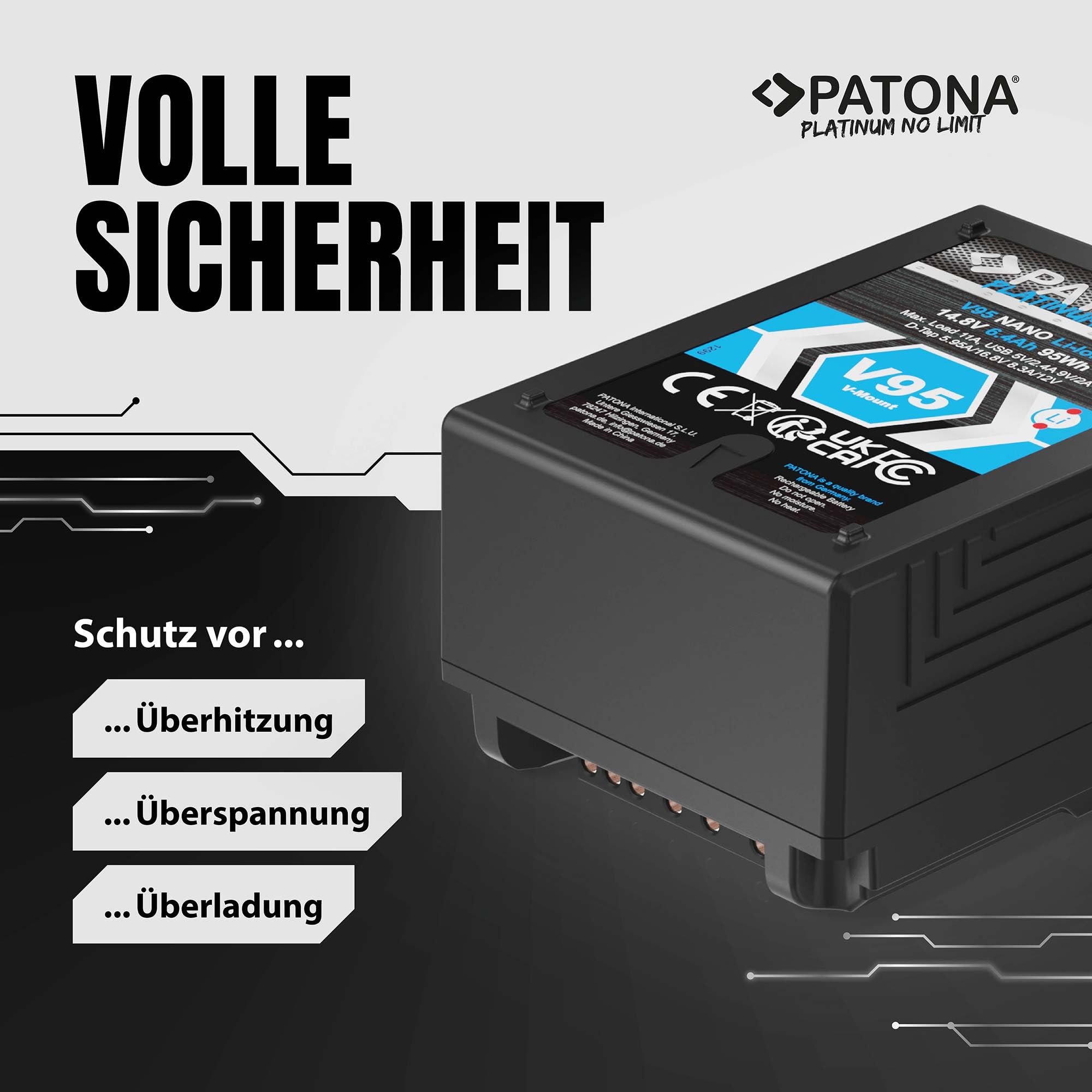PATONA Platinum Nano V95 V-Mount Akku 95Wh 14,8V 6400mAh mit D-Tap & USB – ersetzt Sony BP-L60 BP-GL95 BP-FLX75 – für DSR-600P 650P, HDW-800P, PDW-850 – kompakte Dauerenergie für Kamera-Rigs
