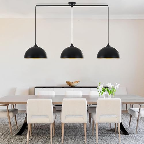 Miniatura 4 de Luces colgantes para isla de cocina, paquete de 3 lámparas colgantes de cúpula con acabado negro y dorado, lámpara colgante industrial para comedor,