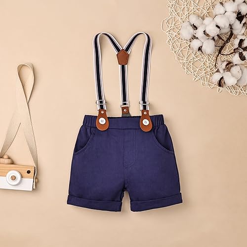 Miniatura 5 de DOMOABEI Ropa para bebé niño, trajes de caballero, camisa de bebé con corbatín y pantalones cortos con tirantes, conjunto de traje para bebé de 0 a