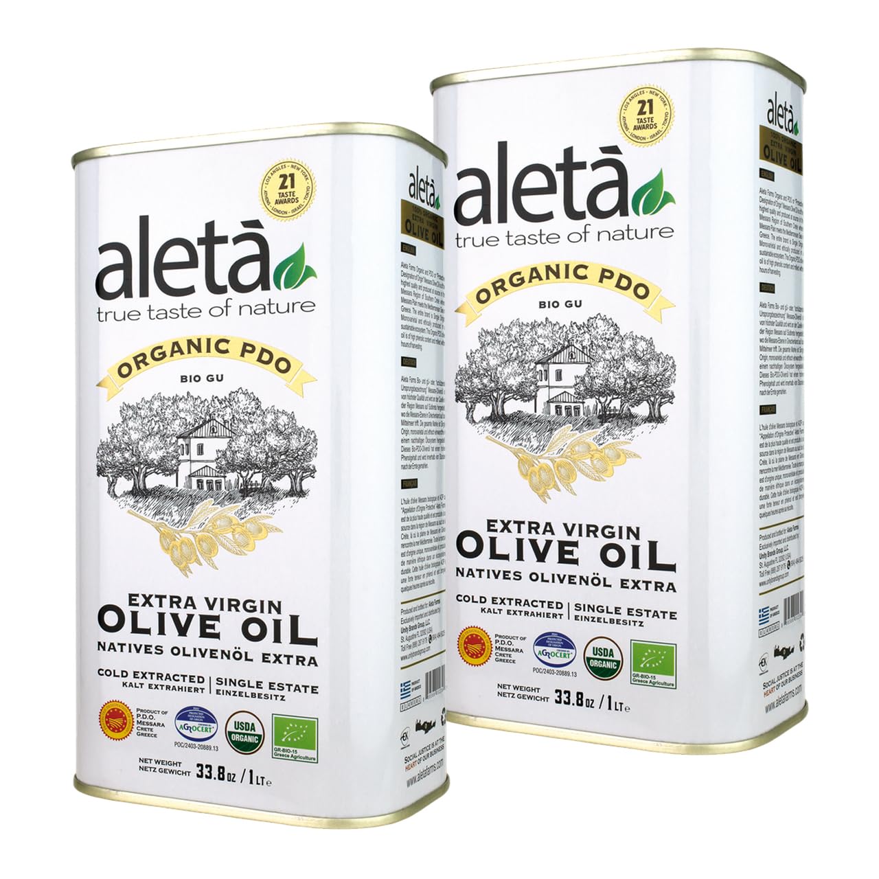 Aleta, Organic & PDO Extra Virgin Olive Oil, 2025 Gold Award, Certified Single Estate, Crete Greece, First-Cold Press, 1 Lt (33.8 oz.) Tin, Pack of 2