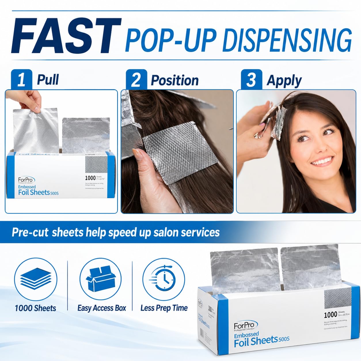 ForPro Professional Collection Hojas de aluminio en relieve 500S, papel de aluminio, dispensador de papel de aluminio emergente, láminas para el cabello para aplicación de color y servicios de