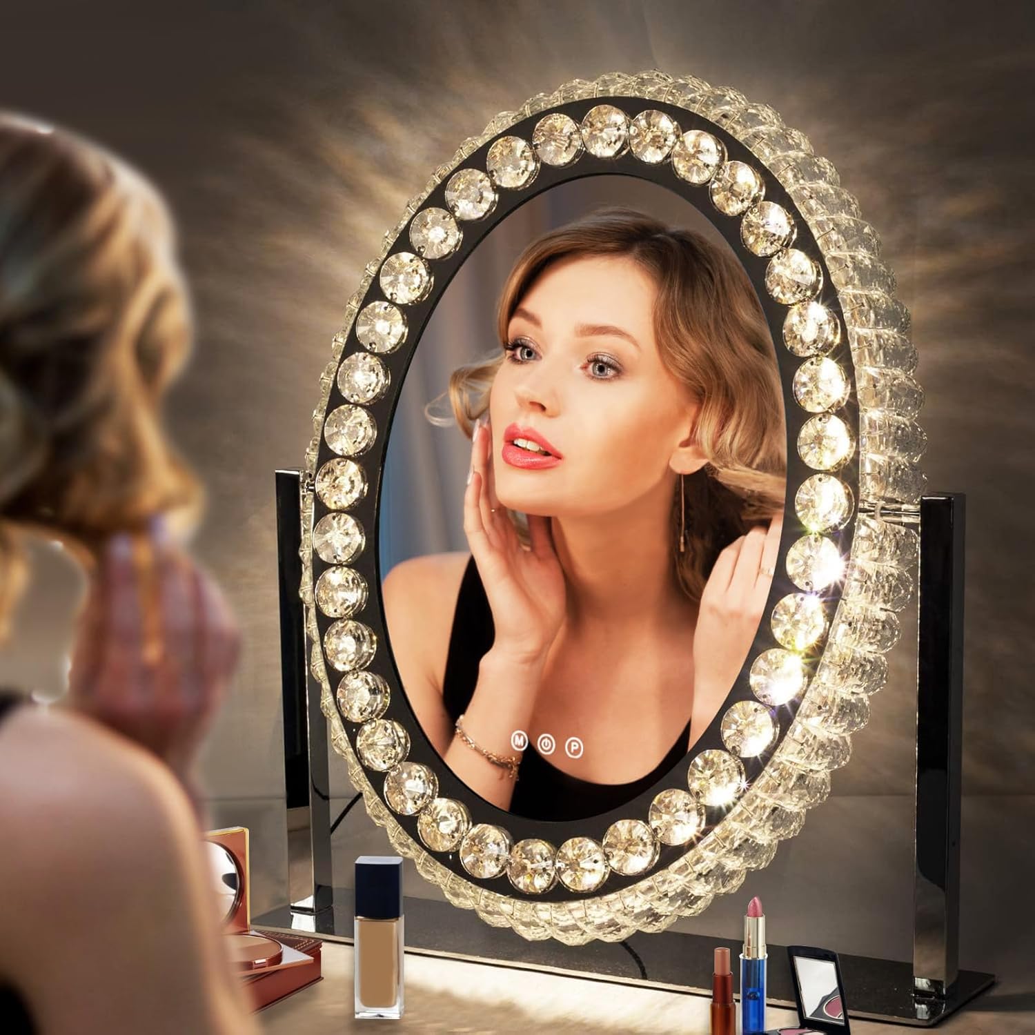 Hollywood Oval Crystal Vanity Mirror with Lights 3 Color Dimmable Large Oval Crystal Lighted Makeup Mirror for Tabletop Desk Vanity Mirror with Lights 360°Rotation Smart Crystal Oval LED Makeup Mirror